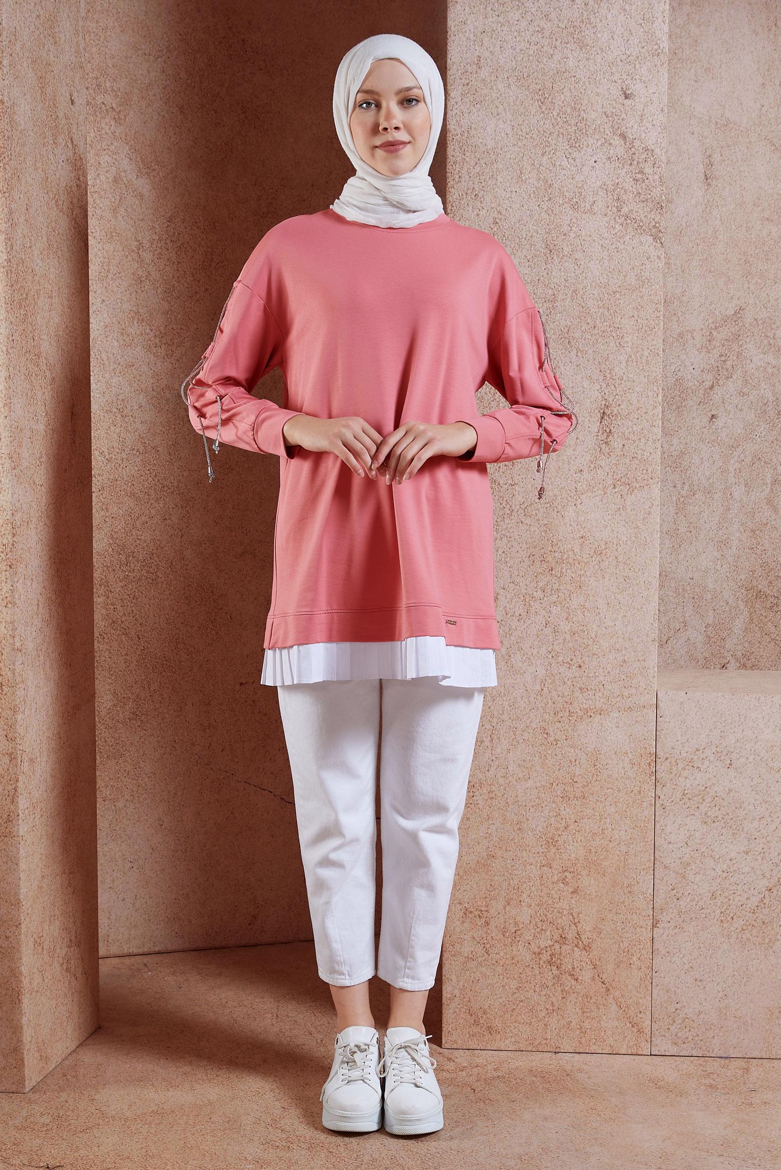 Tesettür giyim PEMBE BAĞCIK DETAYLI EŞOFMAN TUNİK 44561