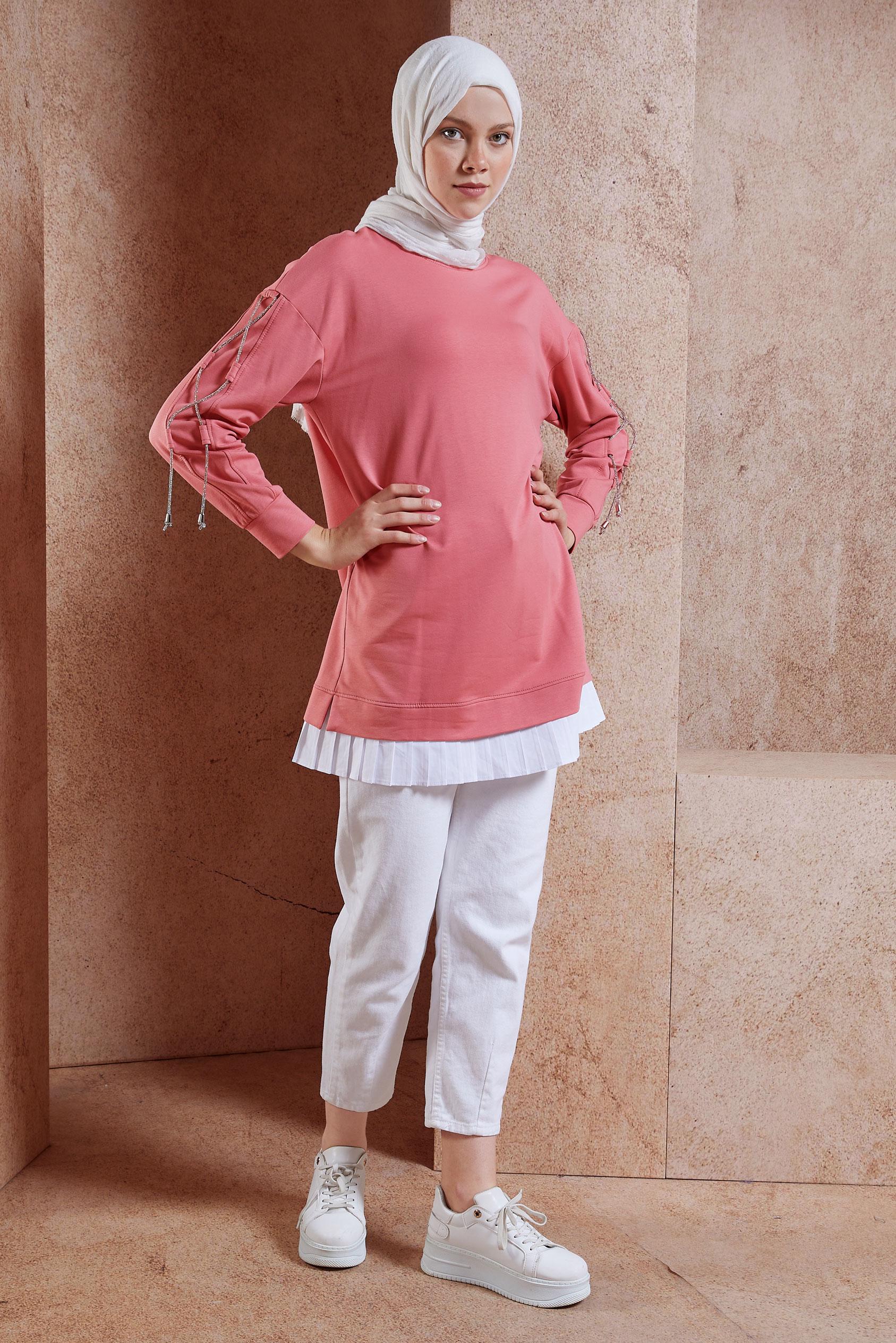 Tesettür giyim PEMBE BAĞCIK DETAYLI EŞOFMAN TUNİK 44561