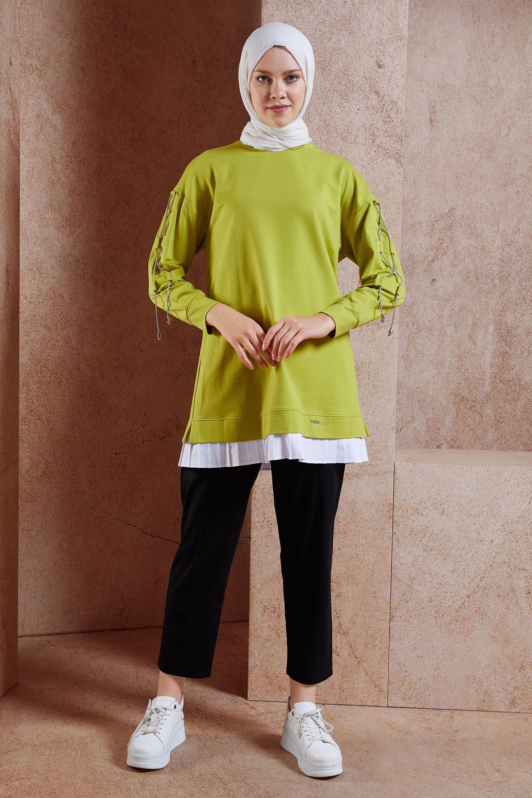 Tesettür giyim YEŞİL BAĞCIK DETAYLI EŞOFMAN TUNİK 44561
