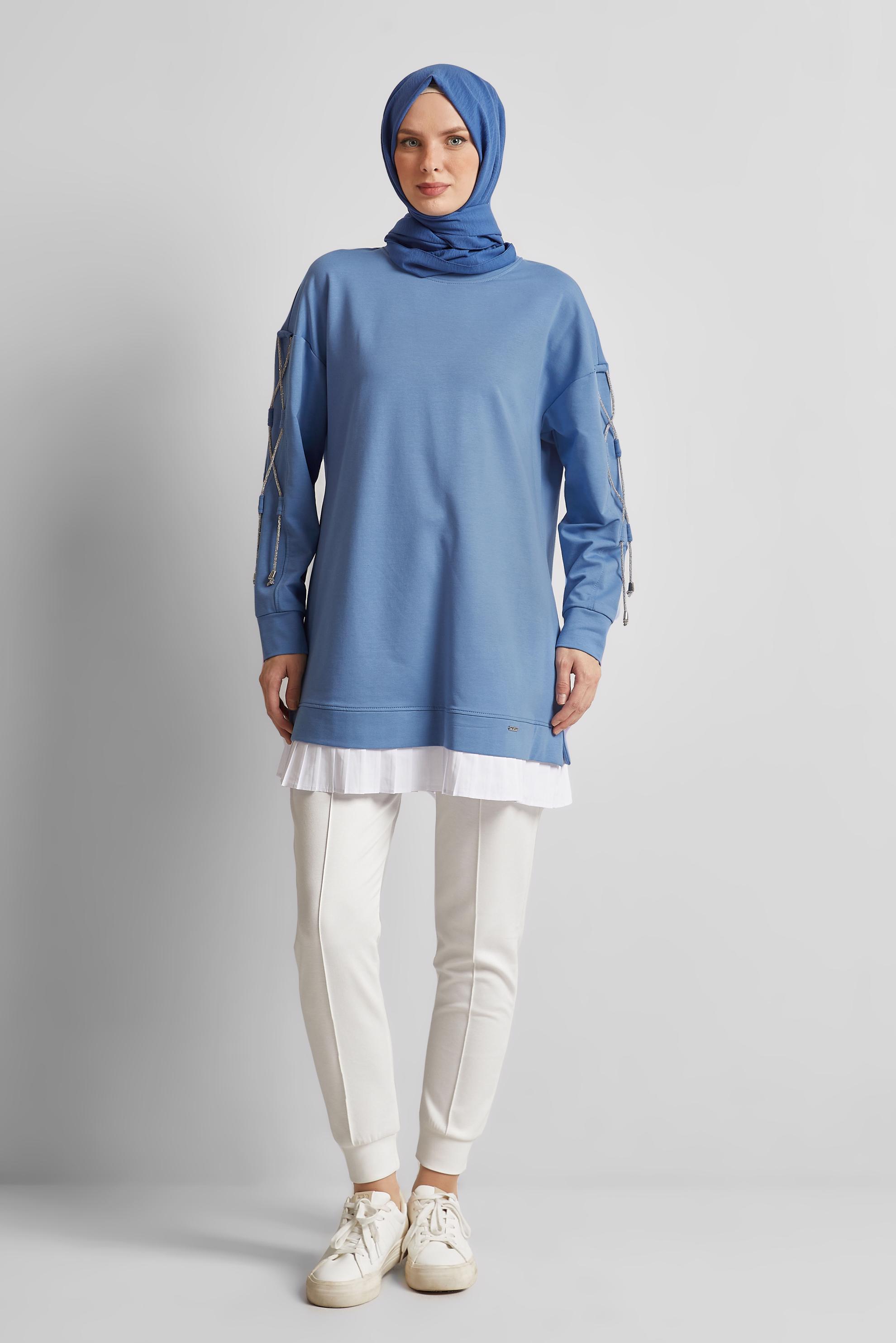 Tesettür giyim MAVİ BAĞCIK DETAYLI EŞOFMAN TUNİK 44561