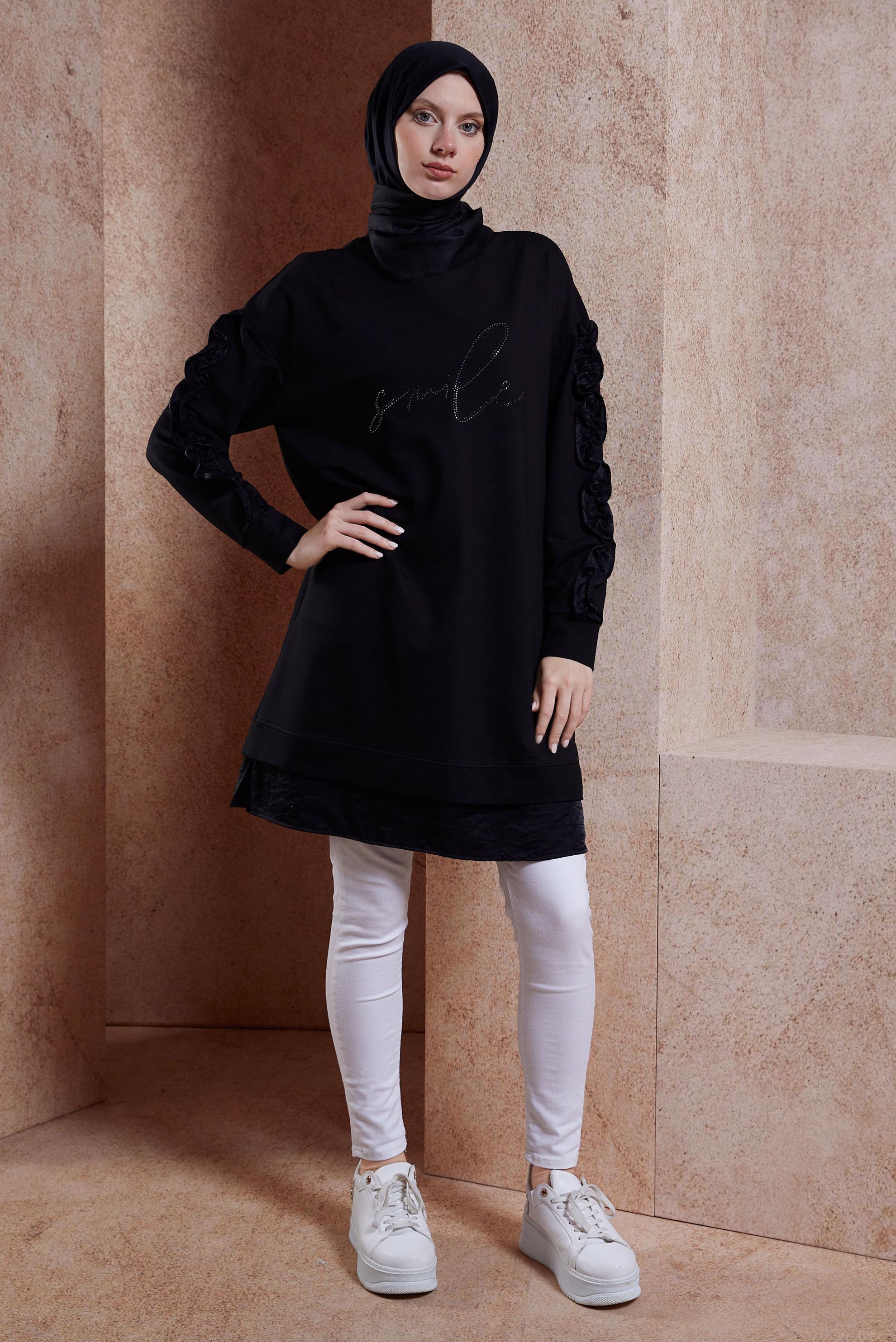 Tesettür giyim SİYAH FIRFIR DETAYLI EŞOFMAN TUNİK 44572