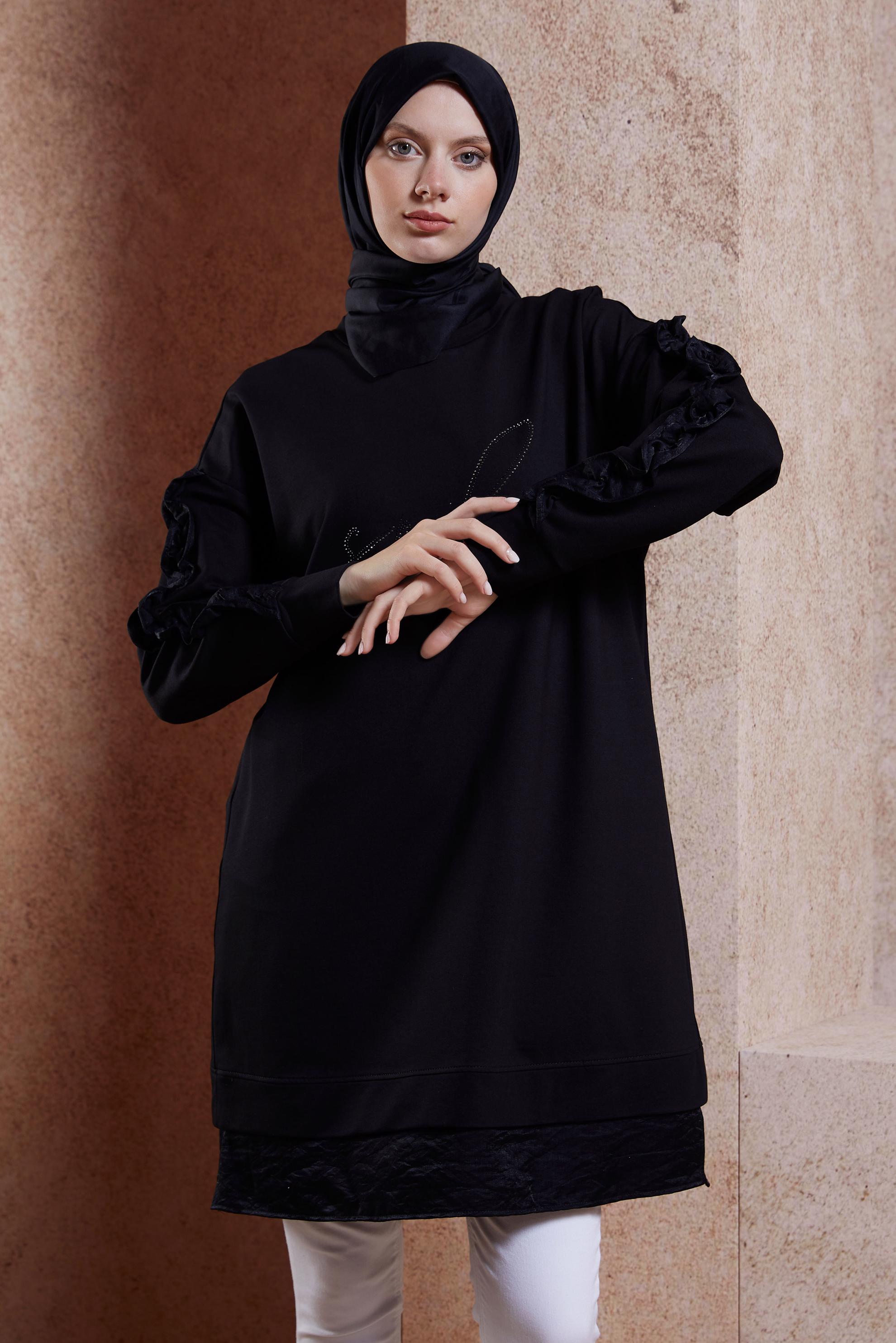 Tesettür giyim SİYAH FIRFIR DETAYLI EŞOFMAN TUNİK 44572