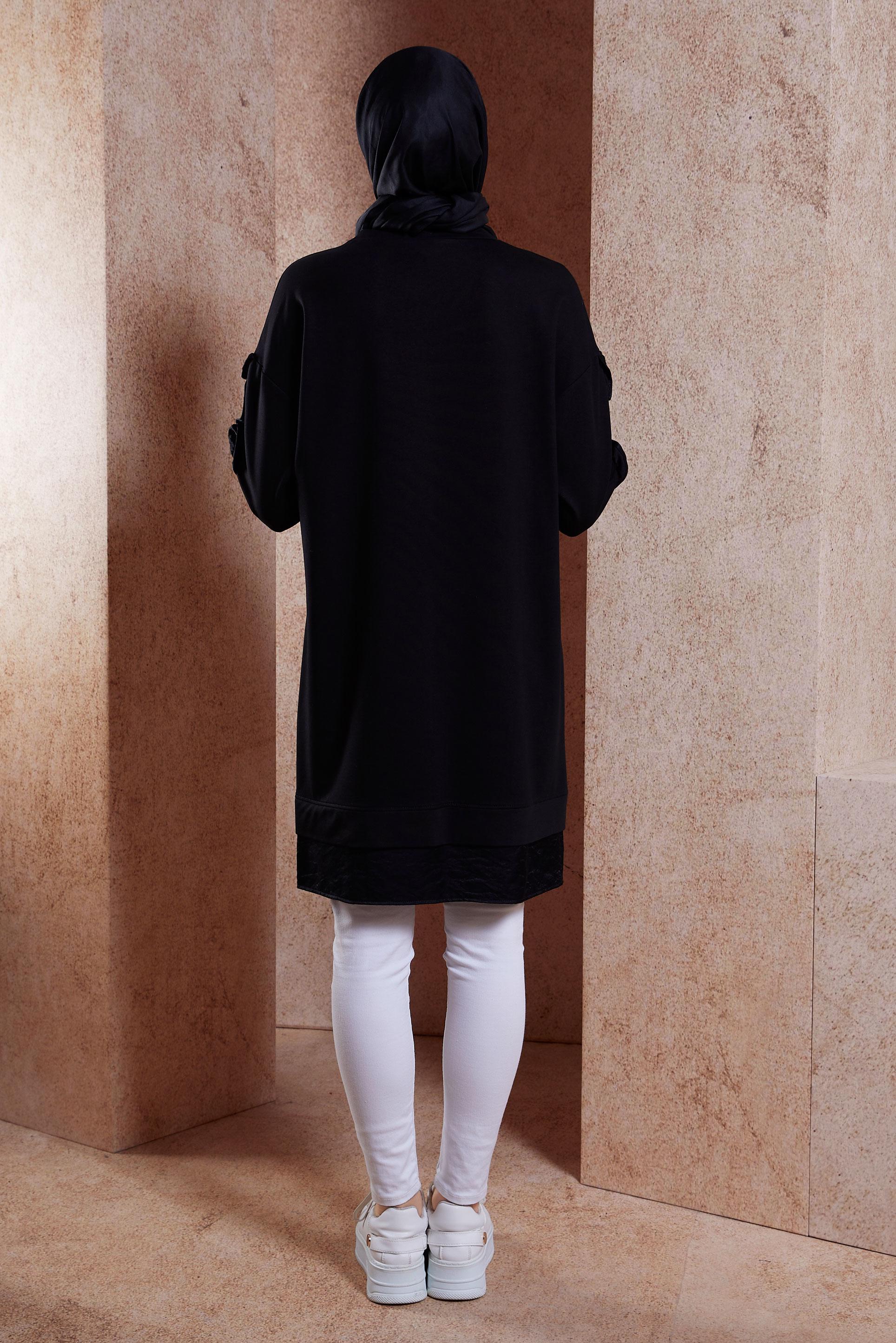 Tesettür giyim SİYAH FIRFIR DETAYLI EŞOFMAN TUNİK 44572