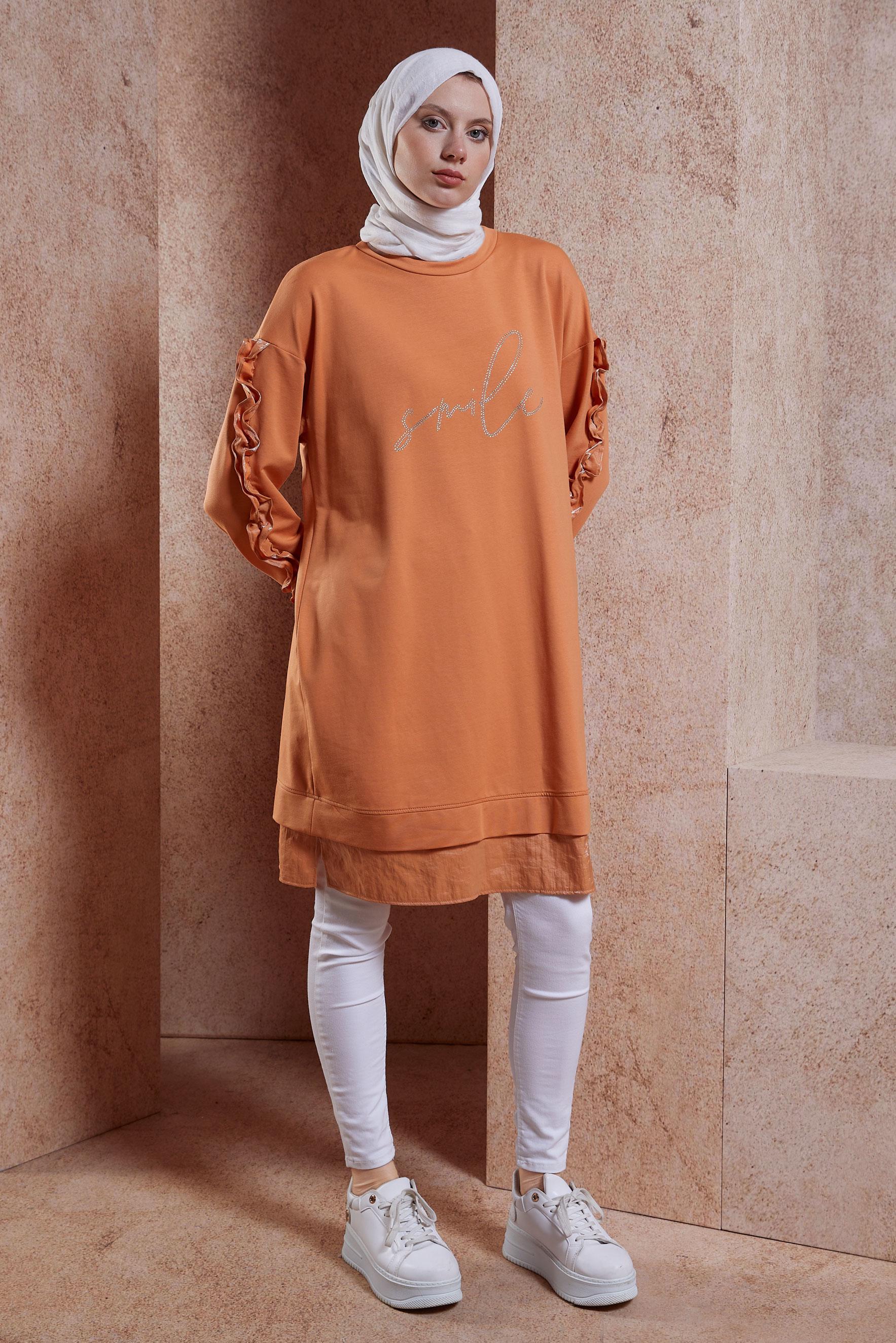 Tesettür giyim TURUNCU FIRFIR DETAYLI EŞOFMAN TUNİK 44572