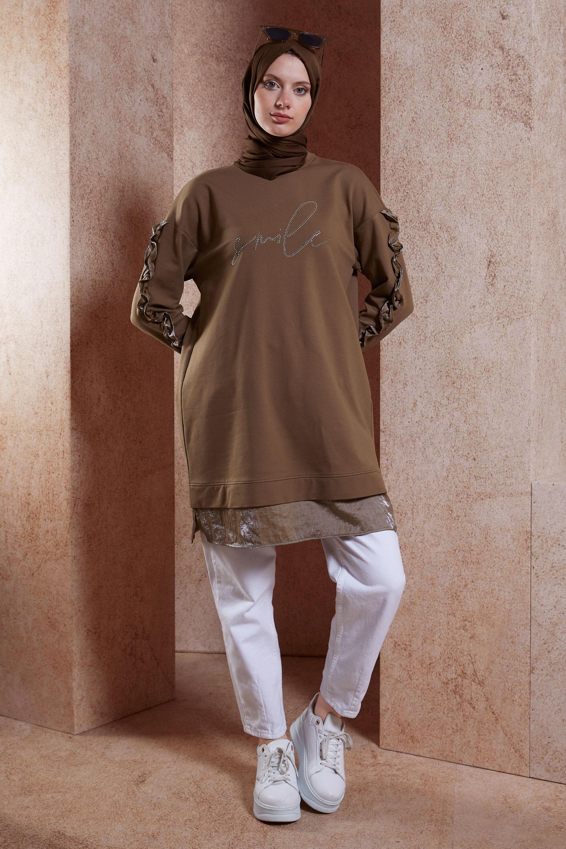 Tesettür giyim KAHVE FIRFIR DETAYLI EŞOFMAN TUNİK 44572