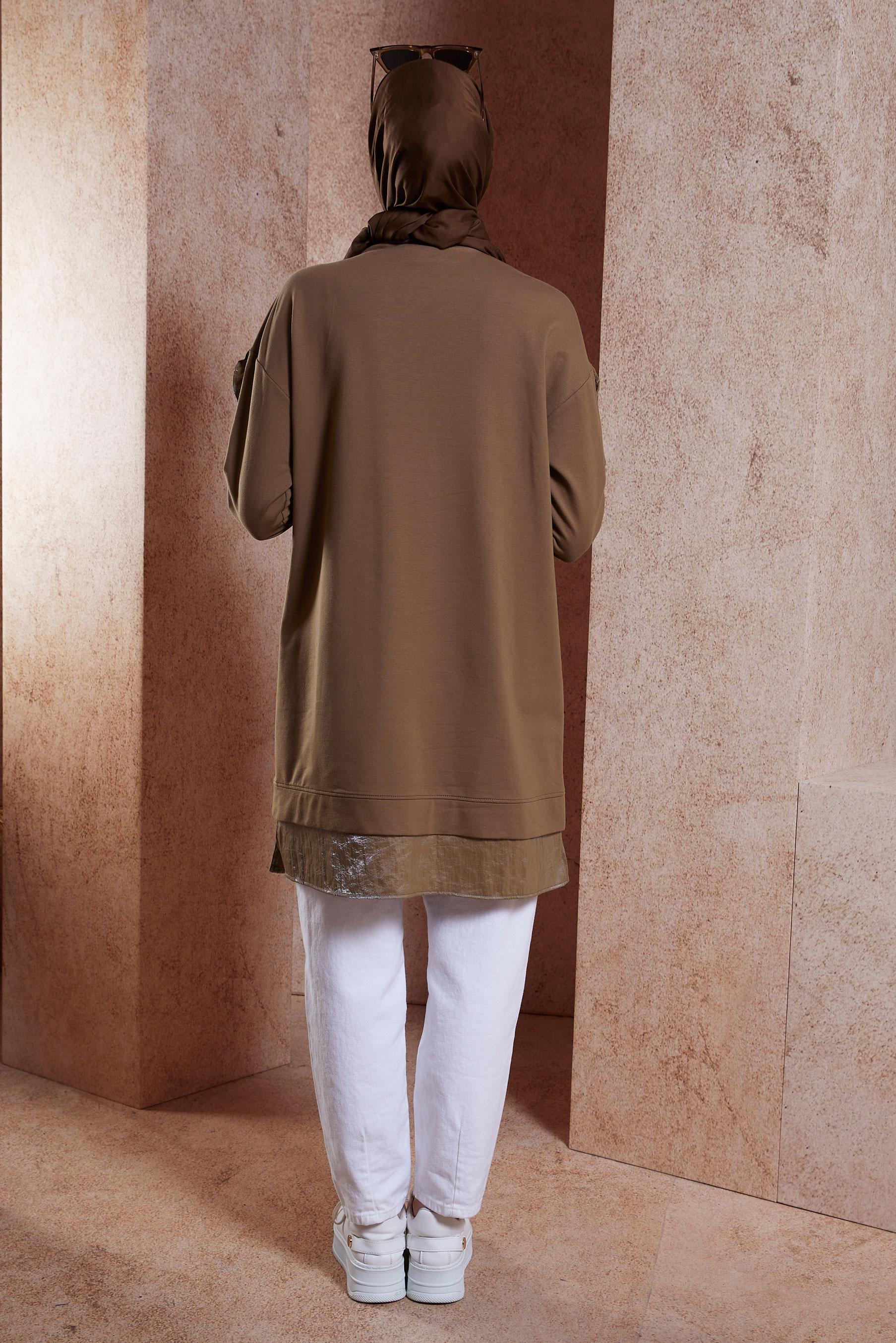 Tesettür giyim KAHVE FIRFIR DETAYLI EŞOFMAN TUNİK 44572