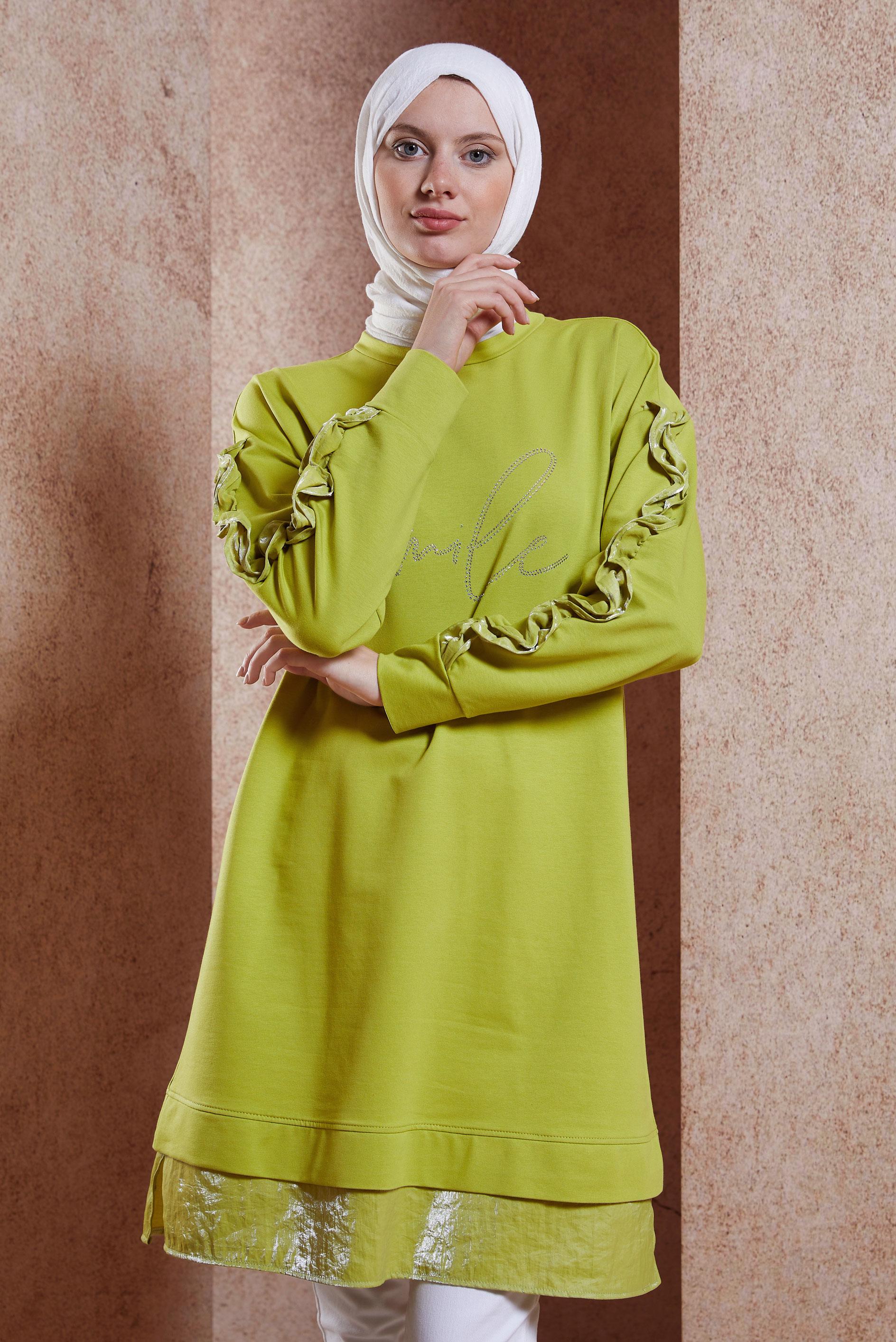 Tesettür giyim YEŞİL FIRFIR DETAYLI EŞOFMAN TUNİK 44572