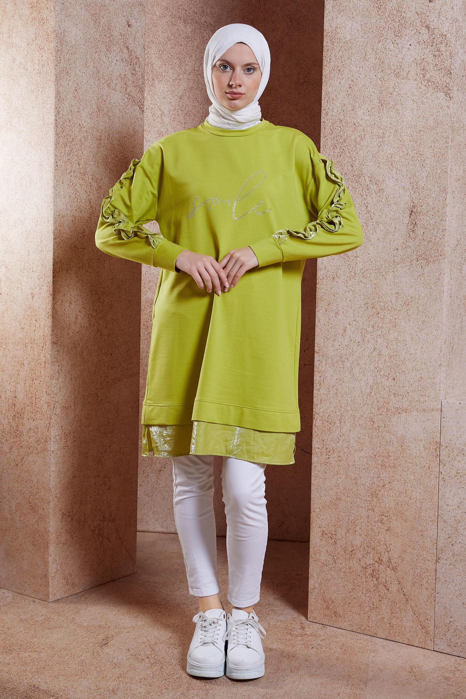 Tesettür giyim YEŞİL FIRFIR DETAYLI EŞOFMAN TUNİK 44572