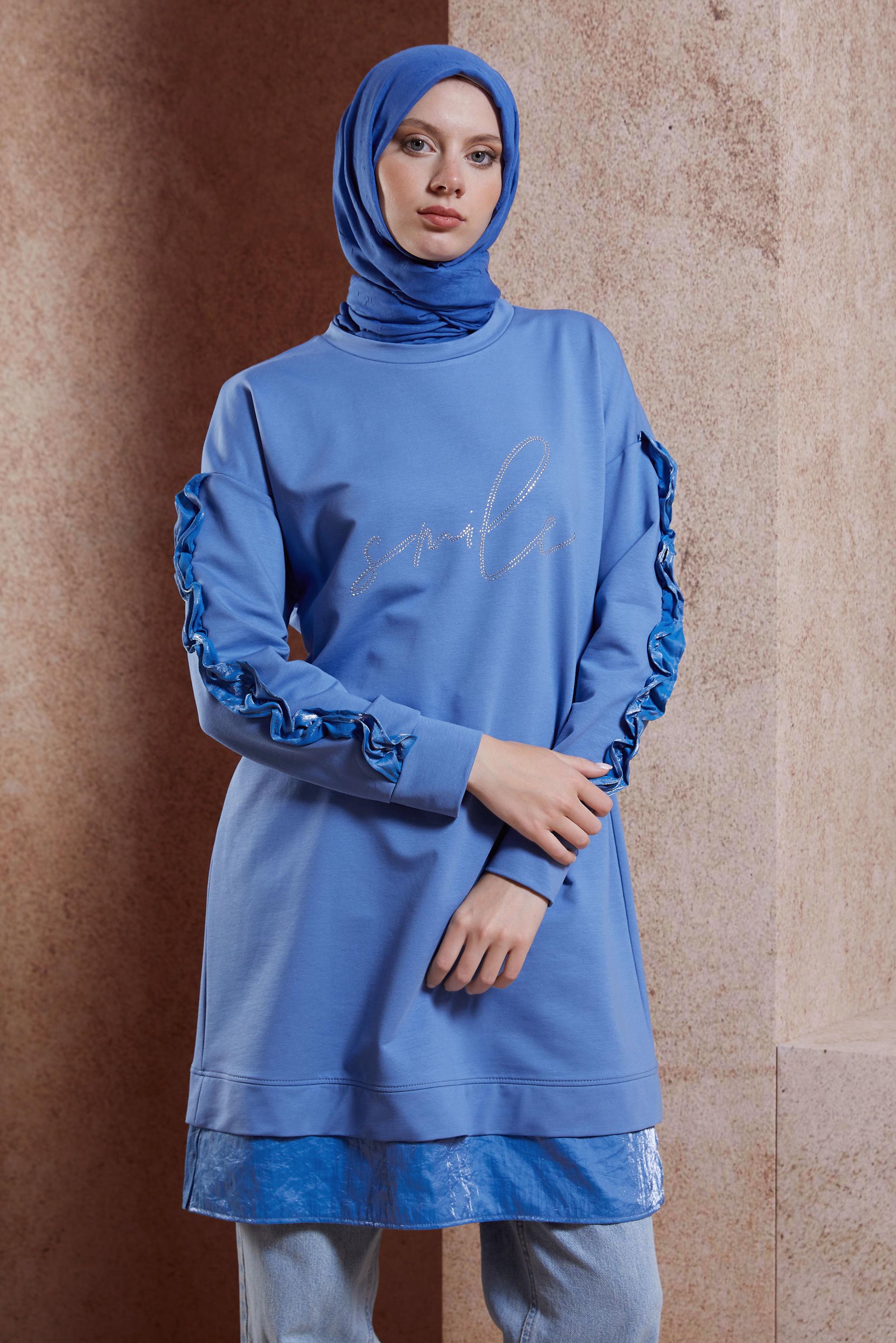 Tesettür giyim MAVİ FIRFIR DETAYLI EŞOFMAN TUNİK 44572