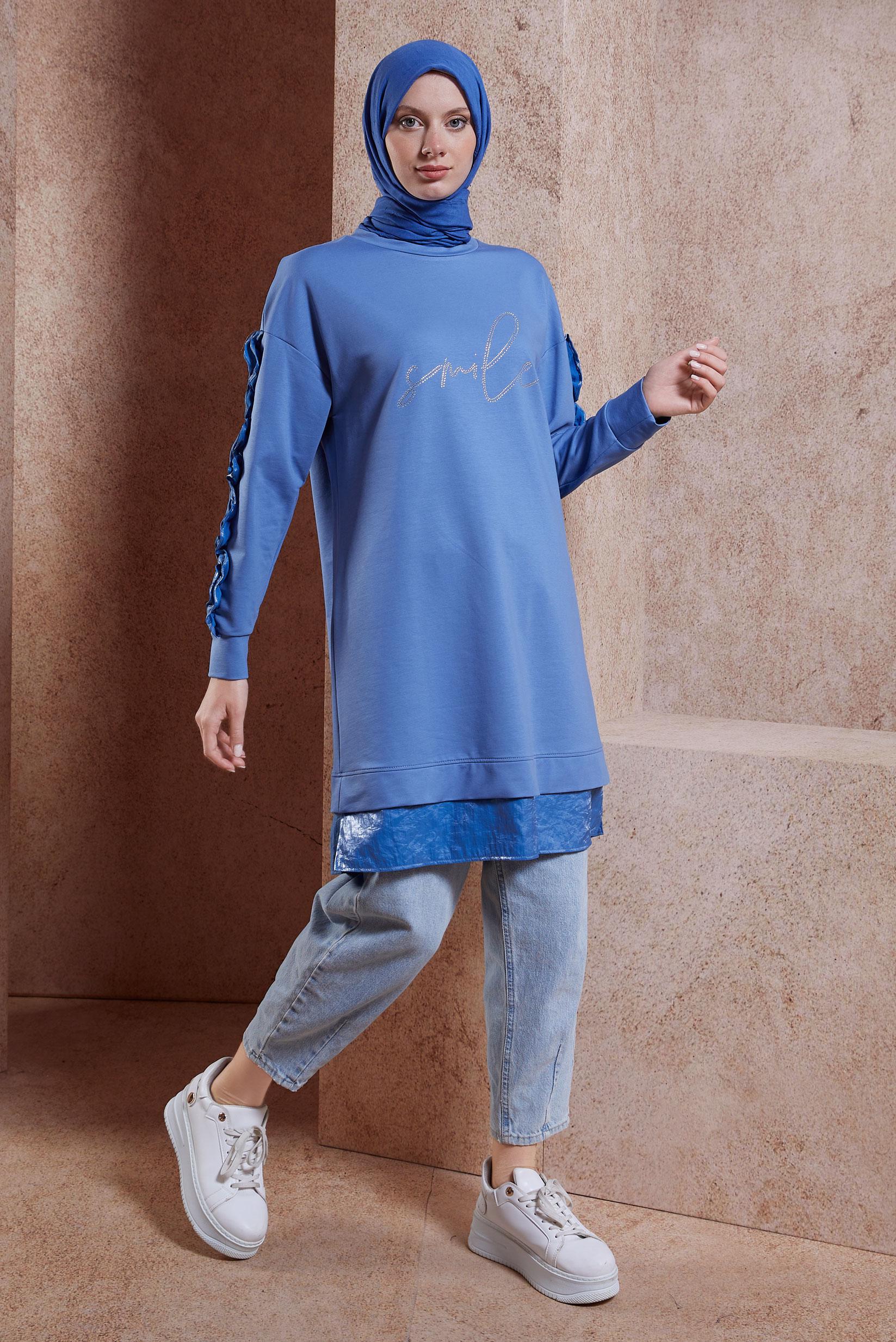 Tesettür giyim MAVİ FIRFIR DETAYLI EŞOFMAN TUNİK 44572