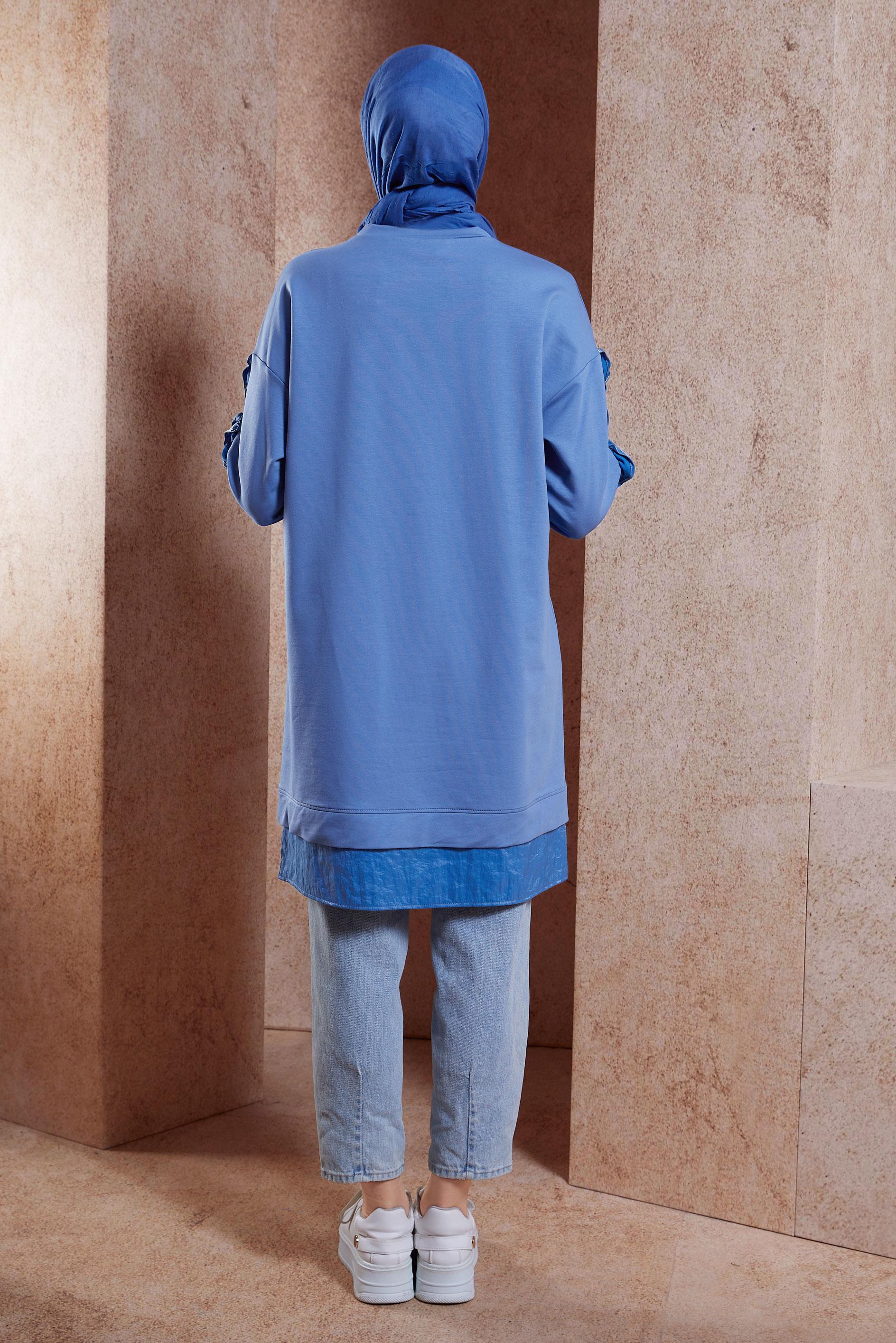 Tesettür giyim MAVİ FIRFIR DETAYLI EŞOFMAN TUNİK 44572