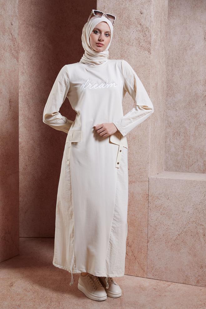 Tesettür giyim BEJ TAŞ BASKILI EŞOFMAN ELBİSE 44574  - ALVİNA