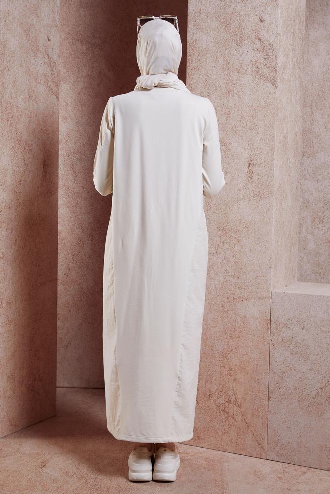 Tesettür giyim BEJ TAŞ BASKILI EŞOFMAN ELBİSE 44574  - ALVİNA