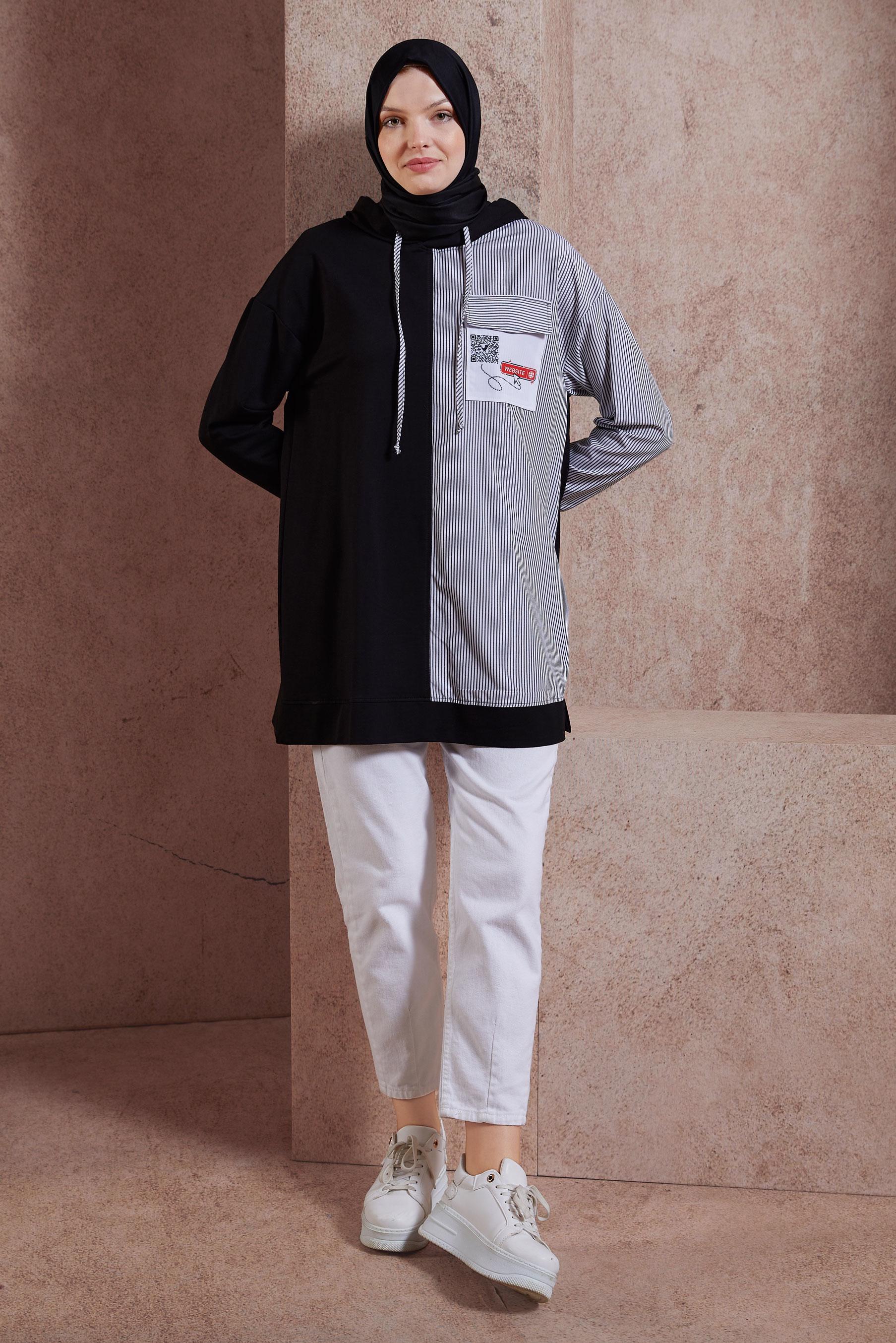 Tesettür giyim SİYAH KAPÜŞONLU EŞOFMAN TUNİK 44618
