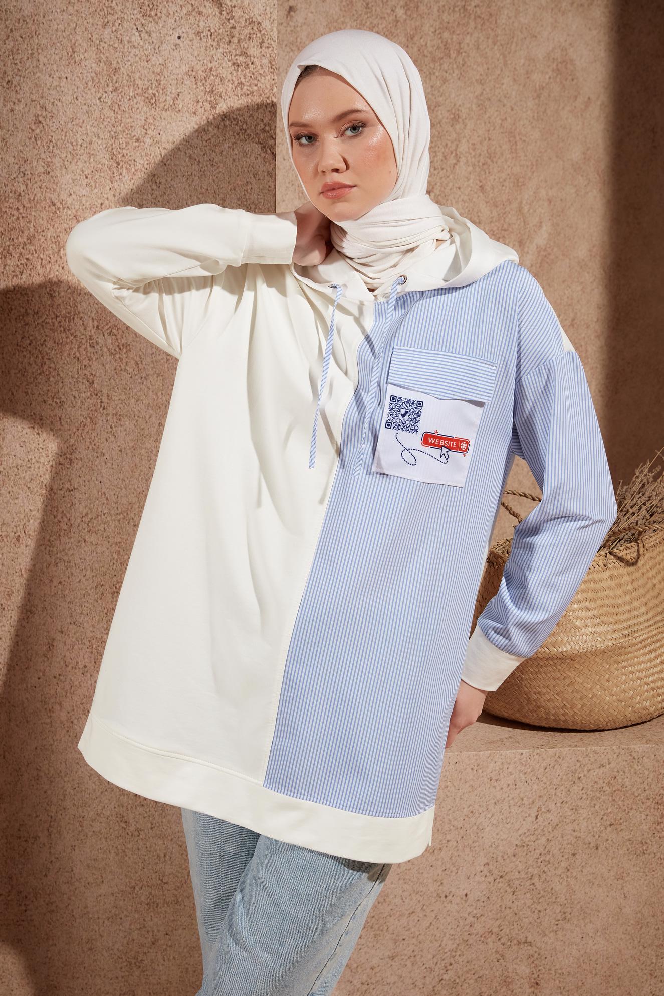 Tesettür giyim BEYAZ KAPÜŞONLU EŞOFMAN TUNİK 44618