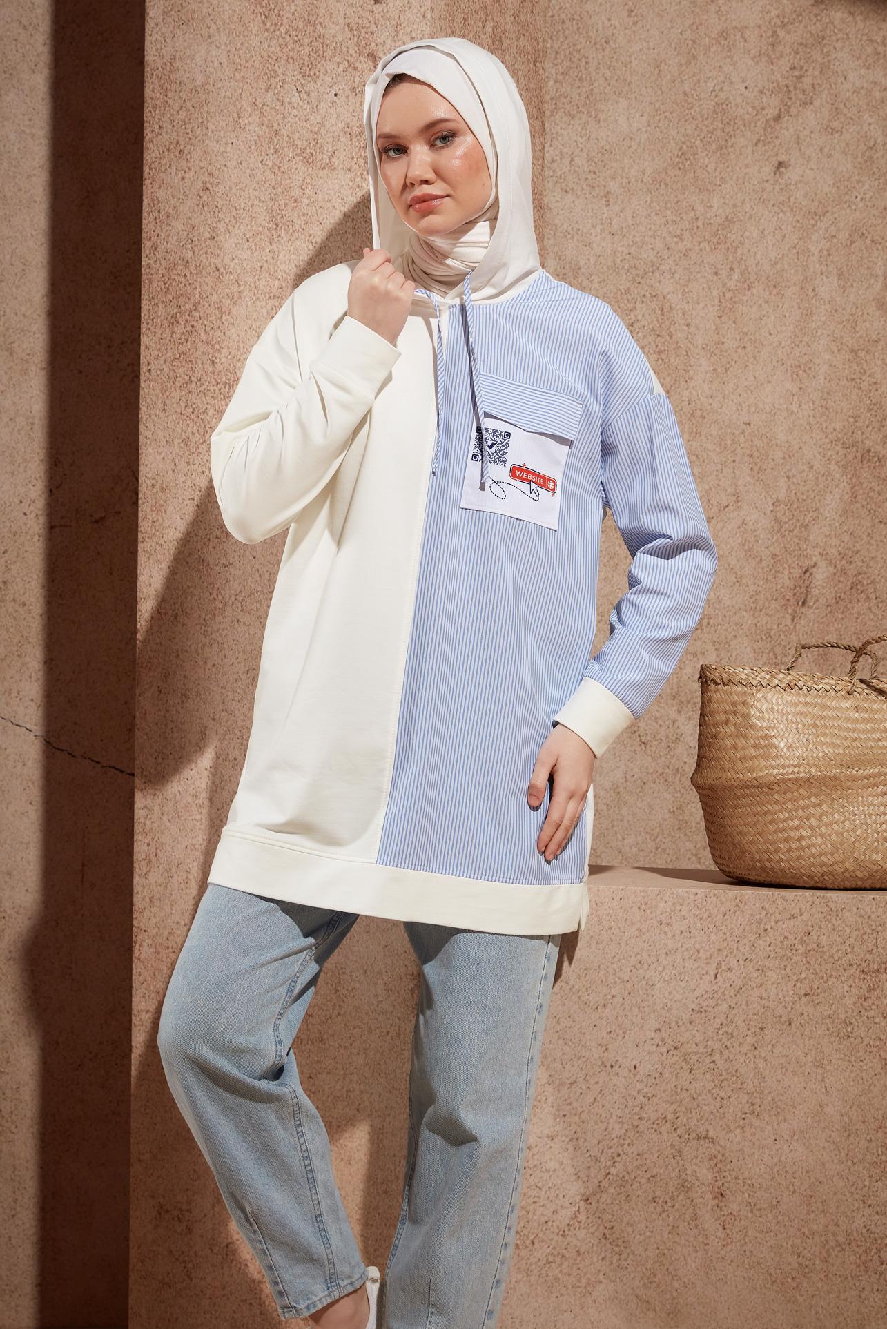 Tesettür giyim BEYAZ KAPÜŞONLU EŞOFMAN TUNİK 44618