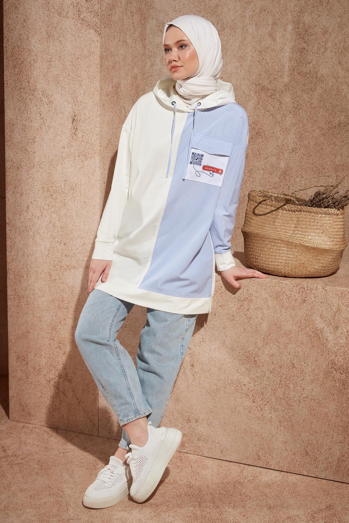Tesettür giyim BEYAZ KAPÜŞONLU EŞOFMAN TUNİK 44618
