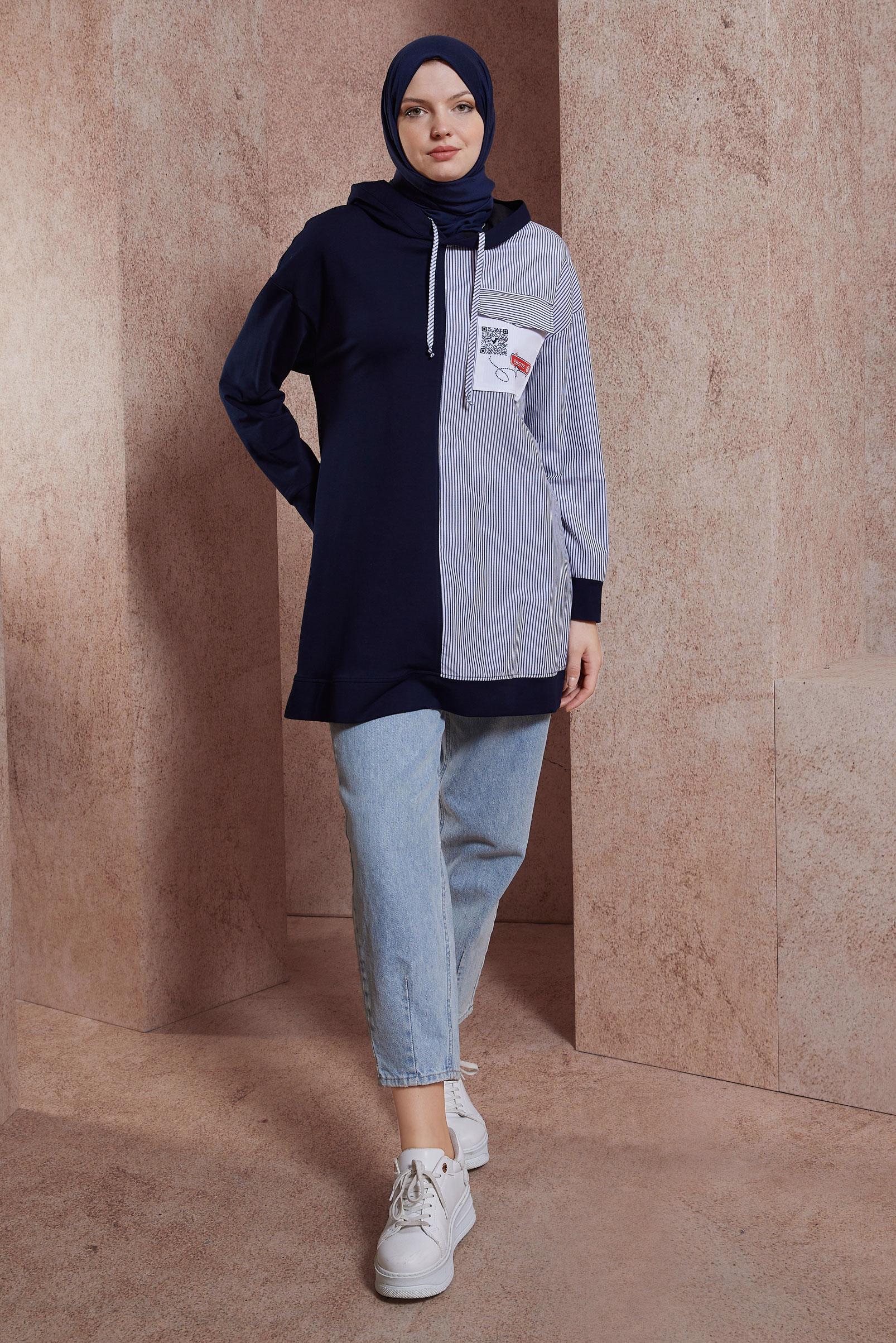 Tesettür giyim LACİVERT KAPÜŞONLU EŞOFMAN TUNİK 44618