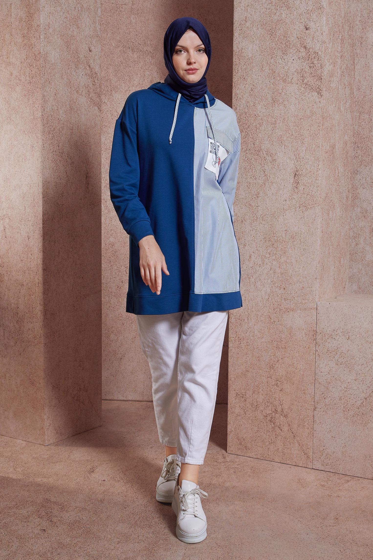 Tesettür giyim LACİVERT KAPÜŞONLU EŞOFMAN TUNİK 44618