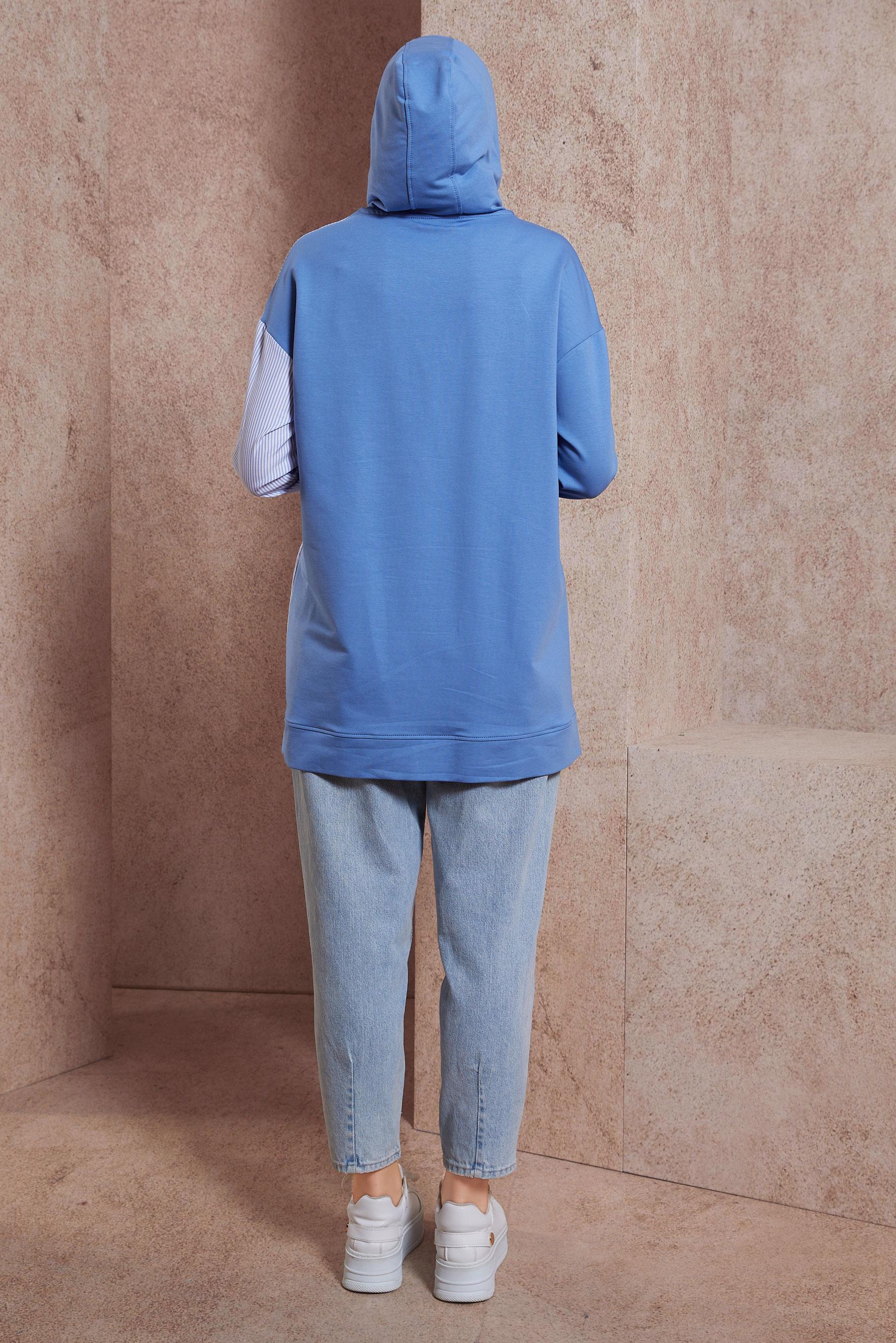 Tesettür giyim MAVİ KAPÜŞONLU EŞOFMAN TUNİK 44618