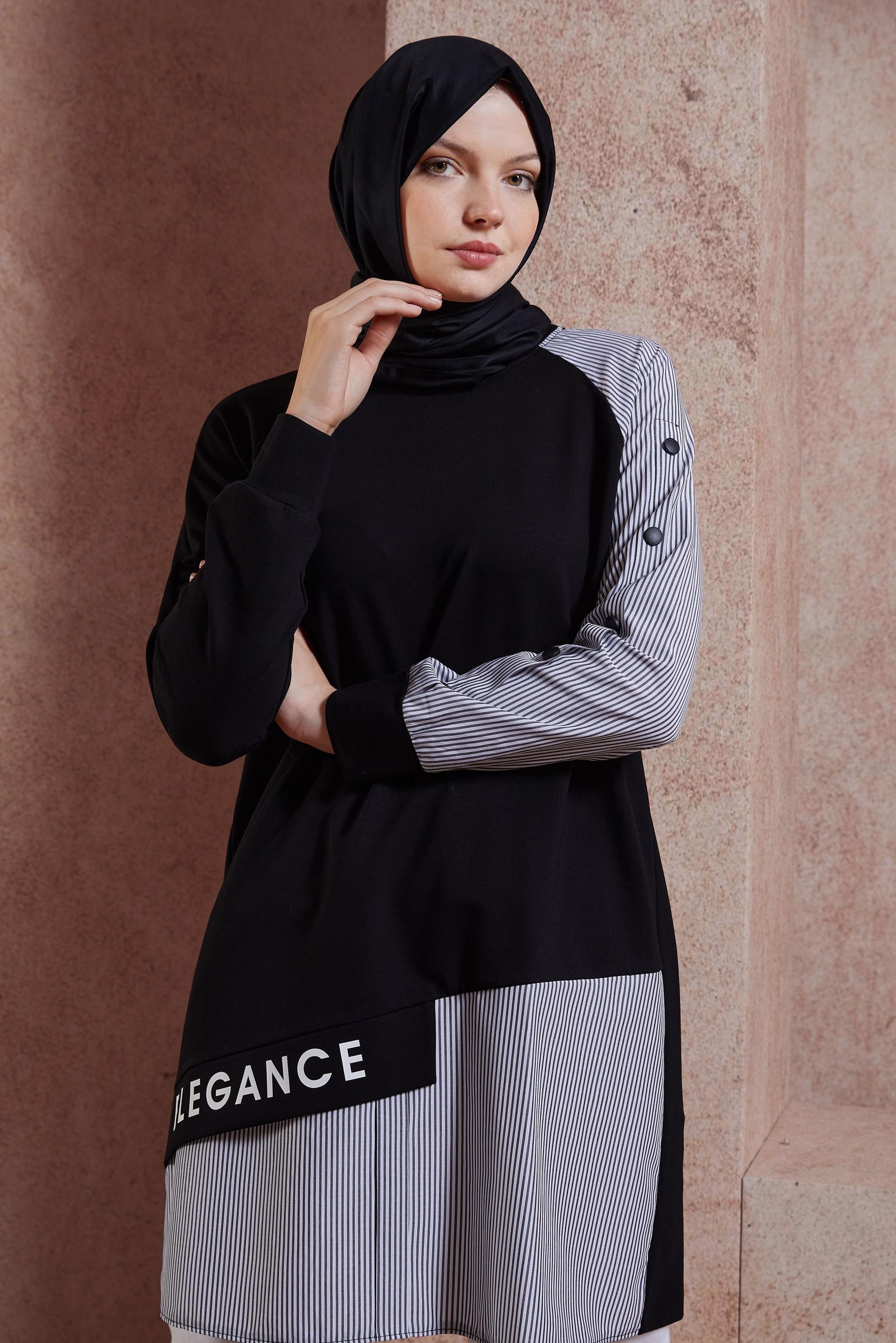 Tesettür giyim SİYAH YAZI BASKILI EŞOFMAN TUNİK 44619