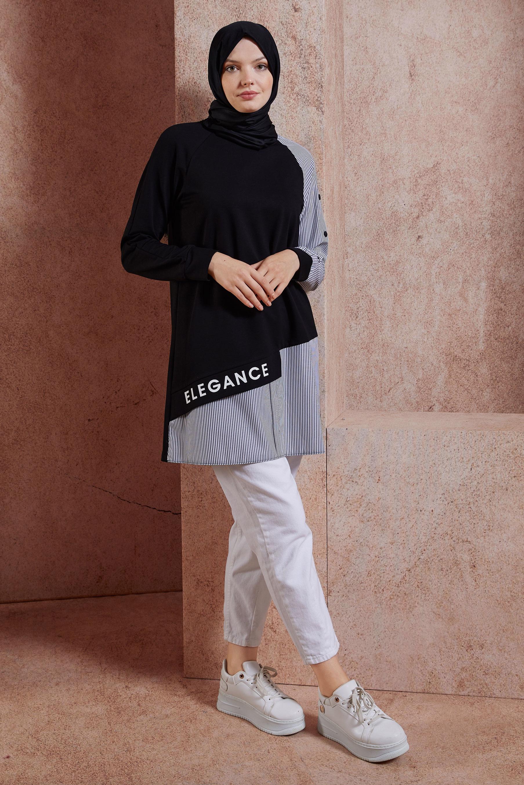 Tesettür giyim SİYAH YAZI BASKILI EŞOFMAN TUNİK 44619