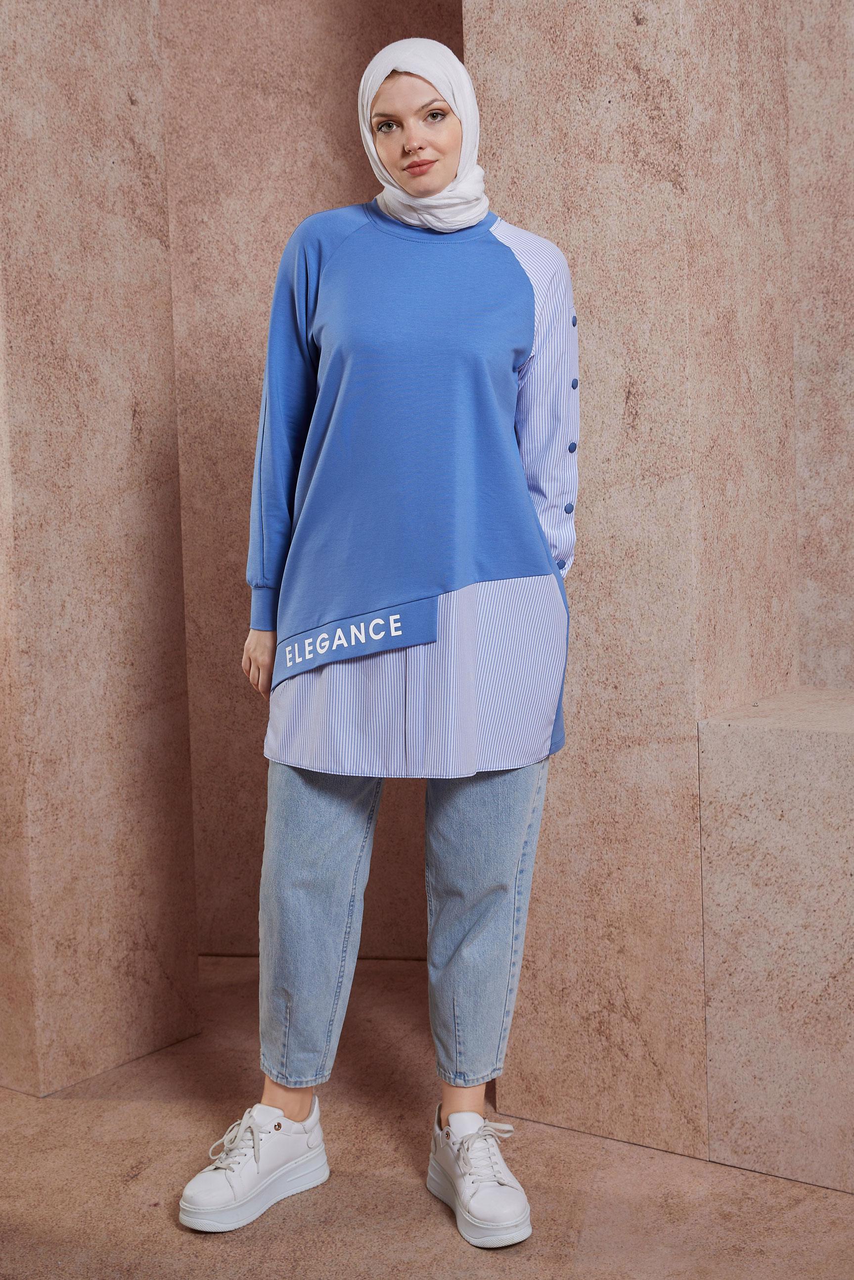 Tesettür giyim MAVİ YAZI BASKILI EŞOFMAN TUNİK 44619