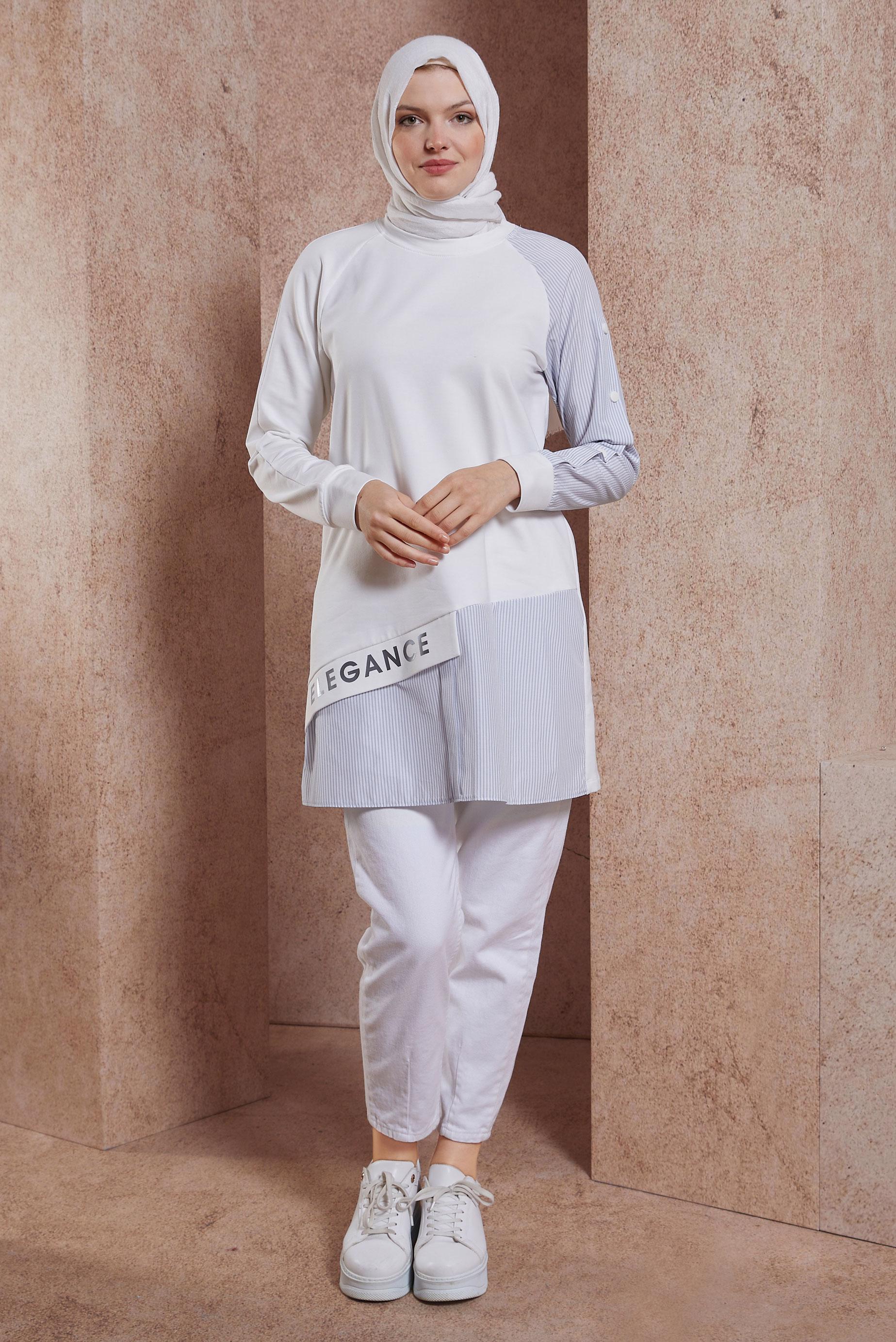 Tesettür giyim BEYAZ YAZI BASKILI EŞOFMAN TUNİK 44619