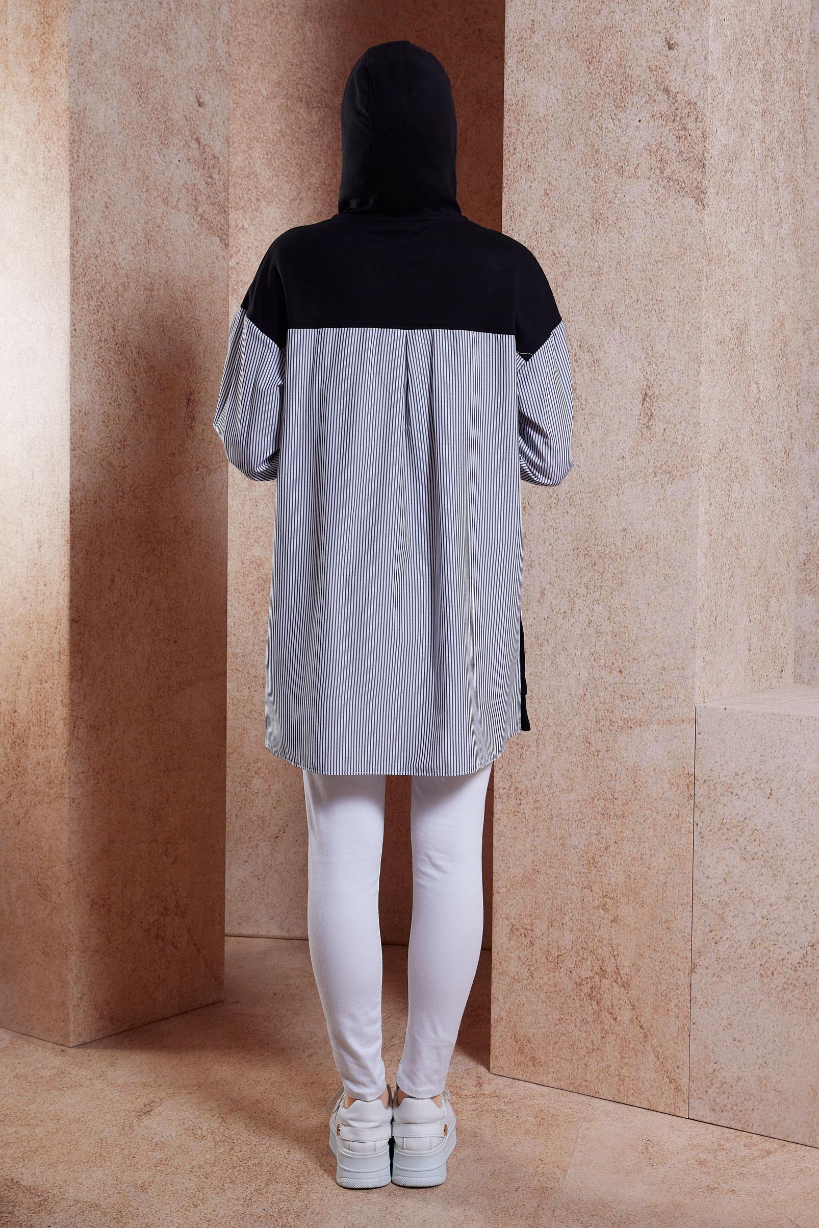 Tesettür giyim SİYAH KAPÜŞONLU ÇİZGİLİ EŞOFMAN TUNİK 44620