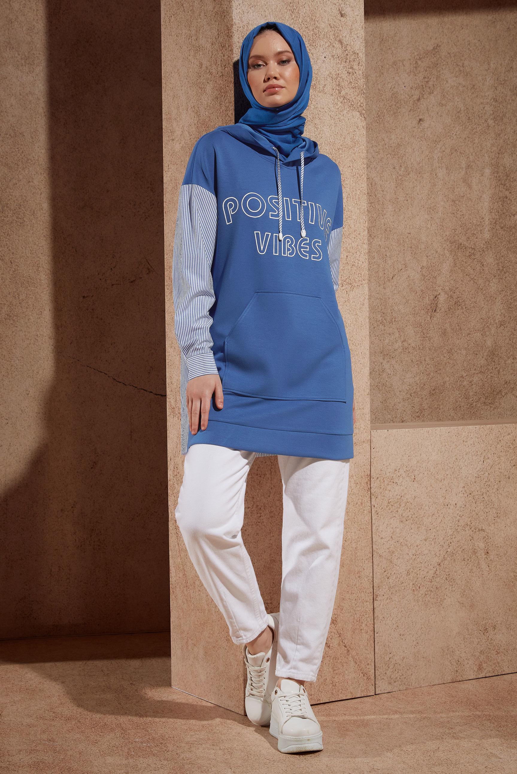 Tesettür giyim LACİVERT KAPÜŞONLU ÇİZGİLİ EŞOFMAN TUNİK 44620