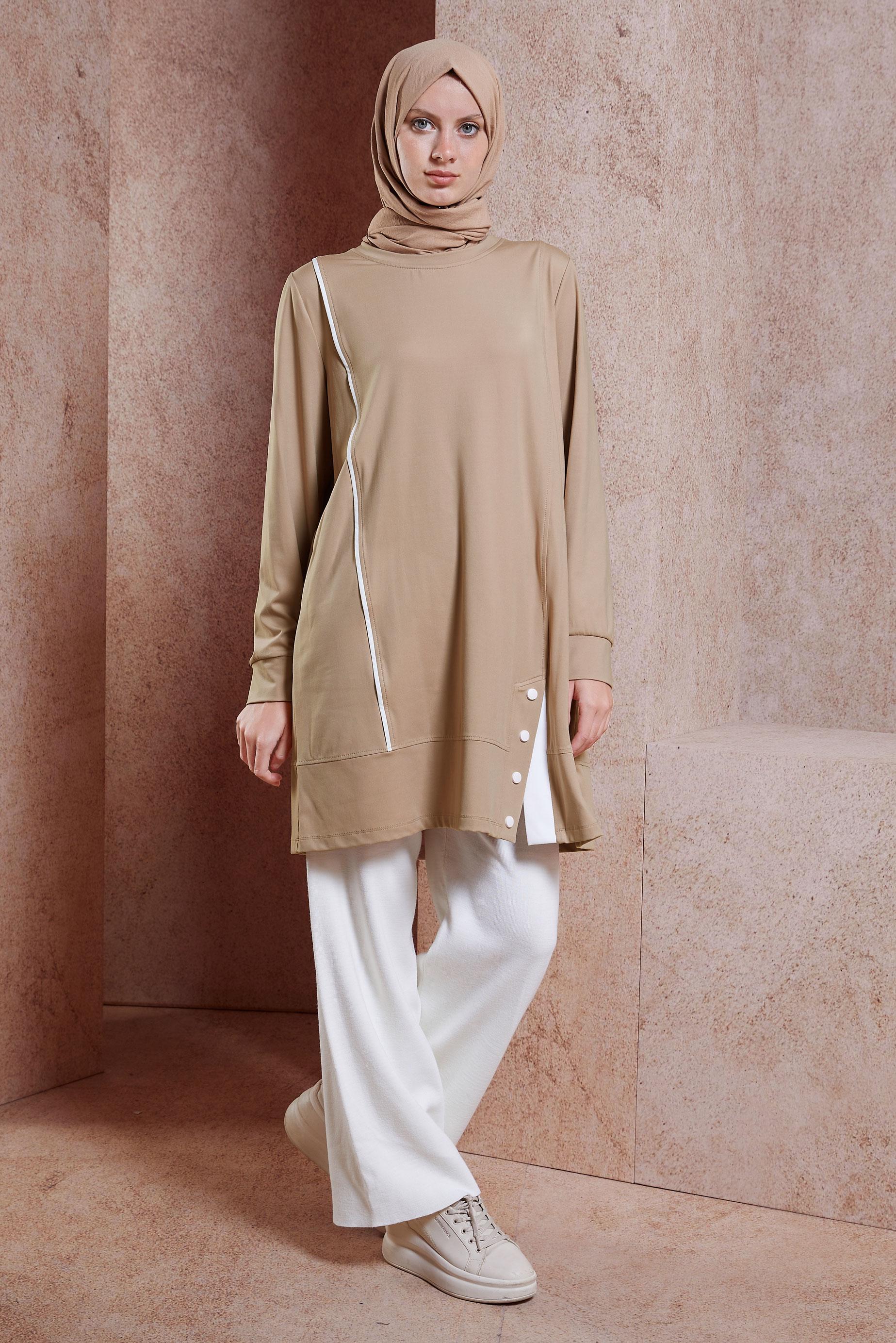 Tesettür giyim BEJ ÖRME EŞOFMAN TUNİK 44622