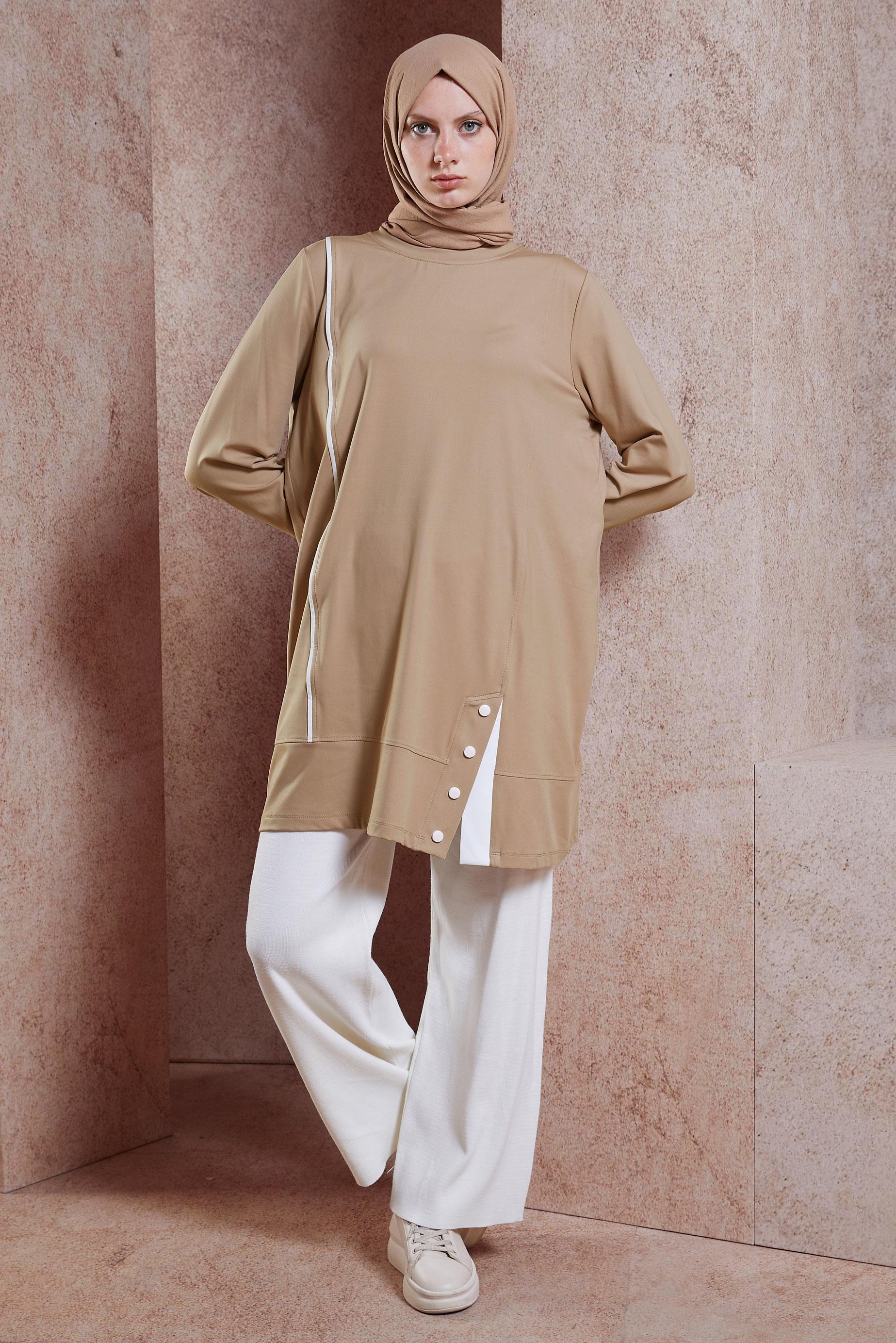 Tesettür giyim BEJ ÖRME EŞOFMAN TUNİK 44622