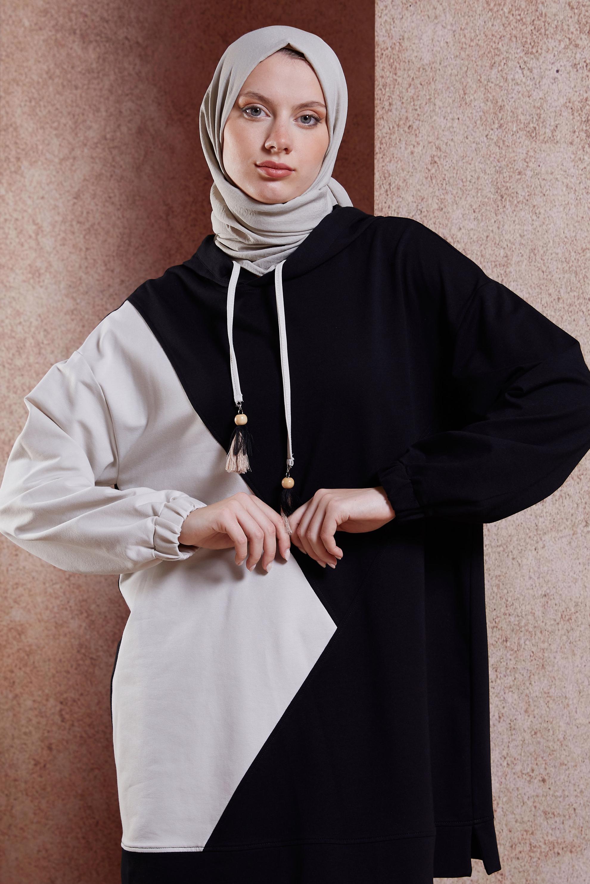 Tesettür giyim SİYAH KAPÜŞONLU PANTOLONLU EŞOFMAN TAKIM 44623