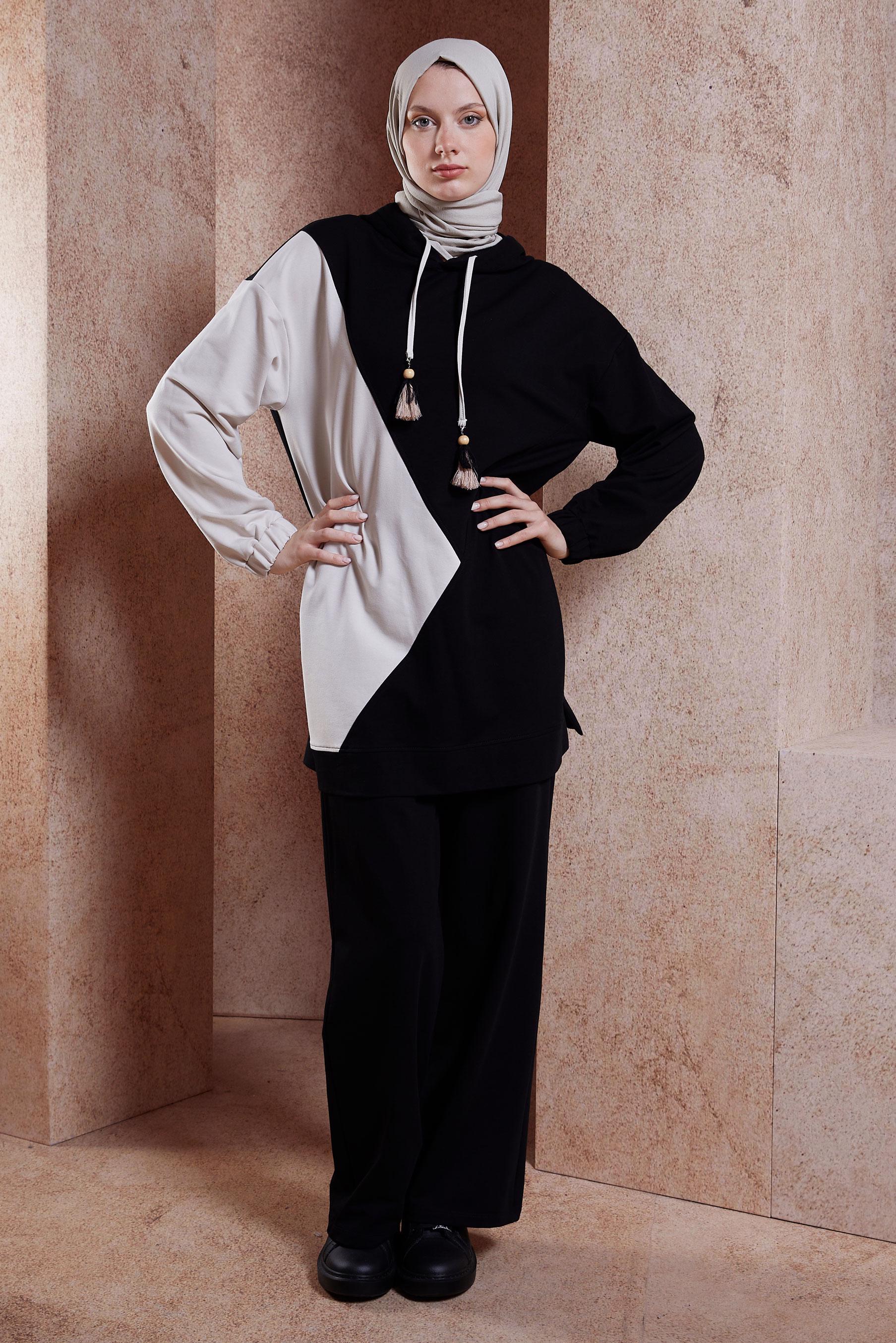 Tesettür giyim SİYAH KAPÜŞONLU PANTOLONLU EŞOFMAN TAKIM 44623