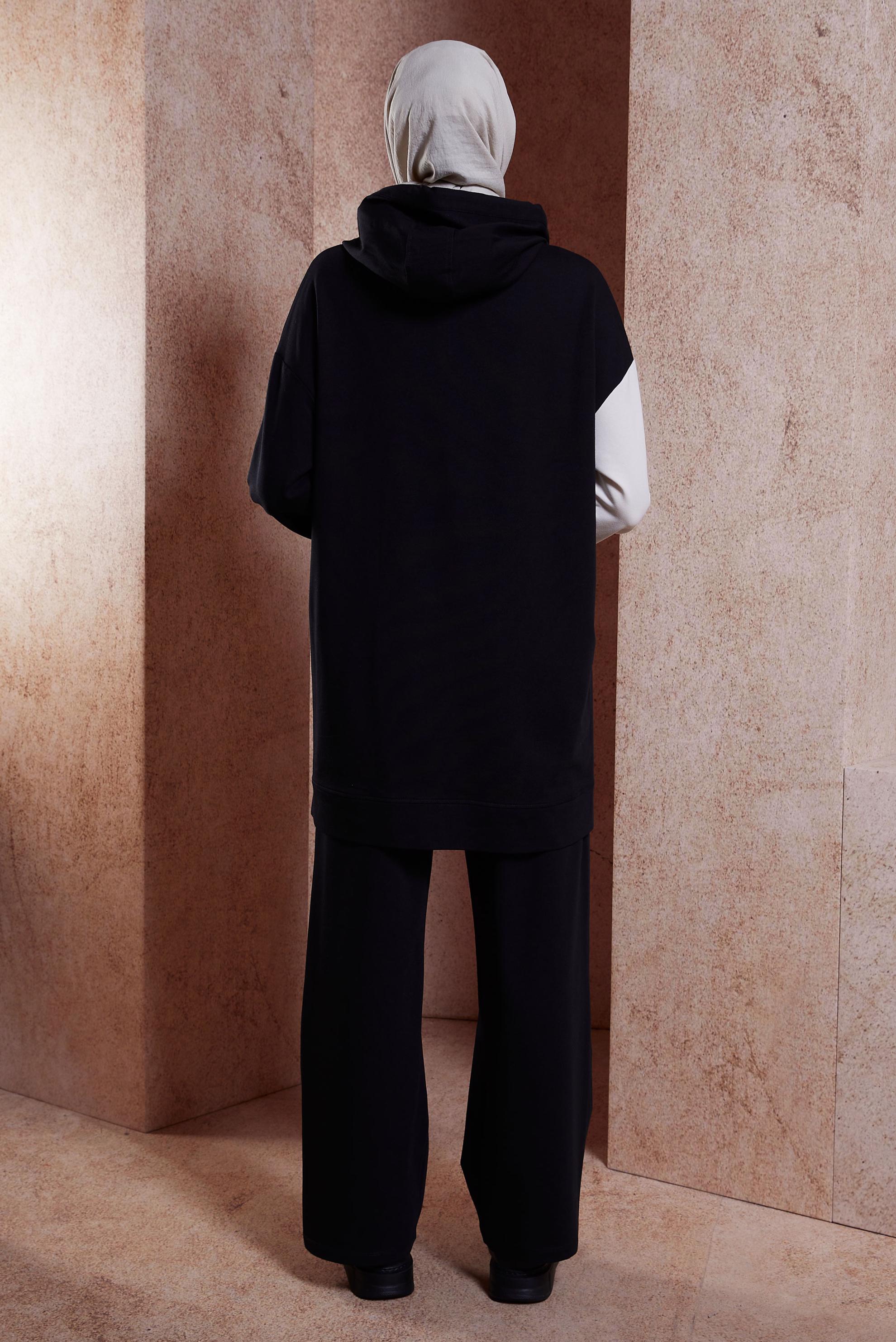 Tesettür giyim SİYAH KAPÜŞONLU PANTOLONLU EŞOFMAN TAKIM 44623