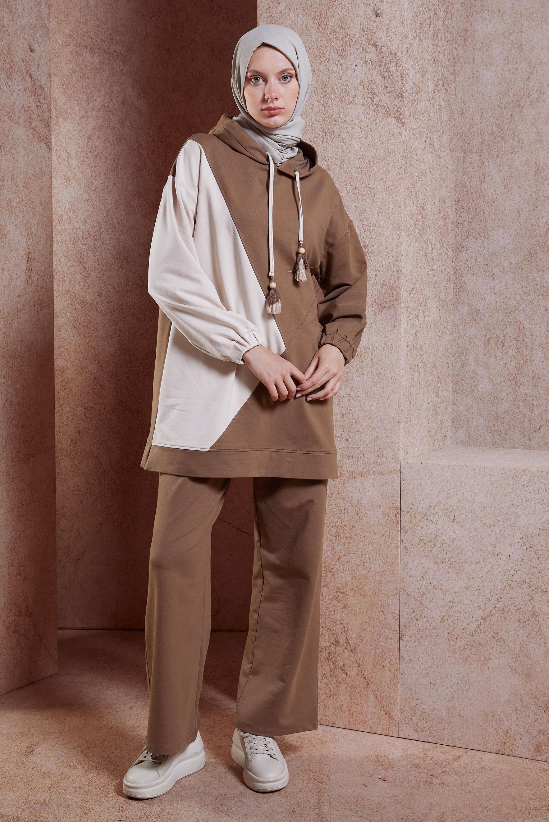 Tesettür giyim KAHVE KAPÜŞONLU PANTOLONLU EŞOFMAN TAKIM 44623