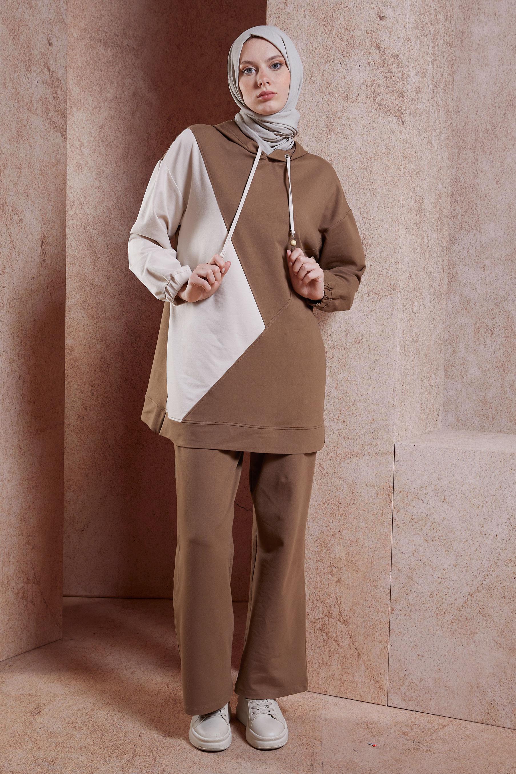 Tesettür giyim KAHVE KAPÜŞONLU PANTOLONLU EŞOFMAN TAKIM 44623