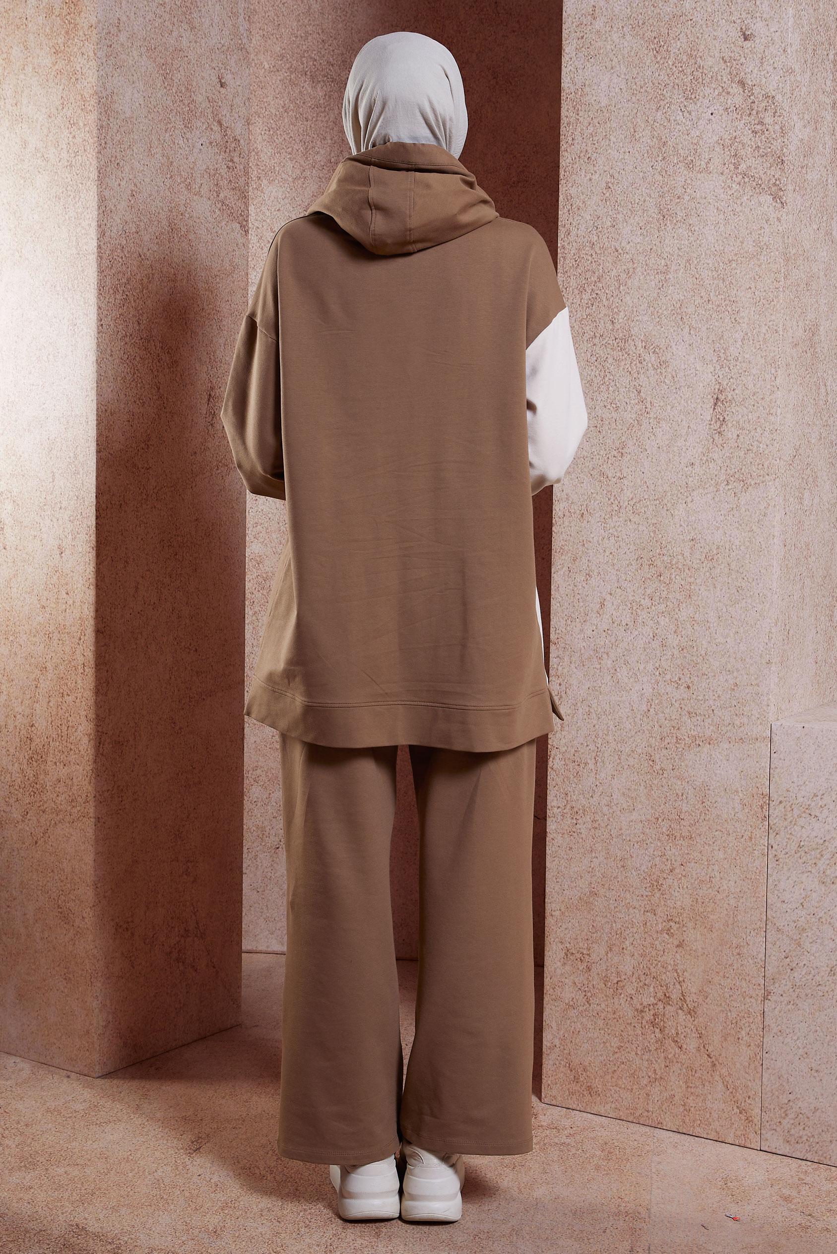 Tesettür giyim KAHVE KAPÜŞONLU PANTOLONLU EŞOFMAN TAKIM 44623