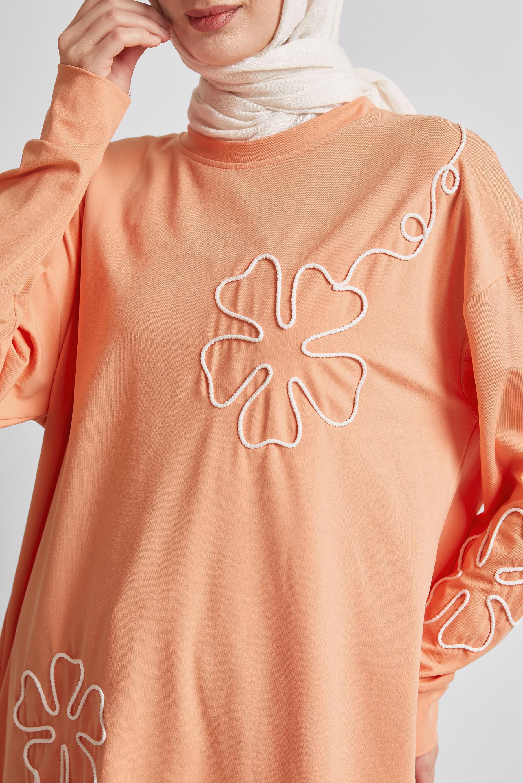 Tesettür giyim TURUNCU NAKIŞ DETAYLI EŞOFMAN TUNİK 44624