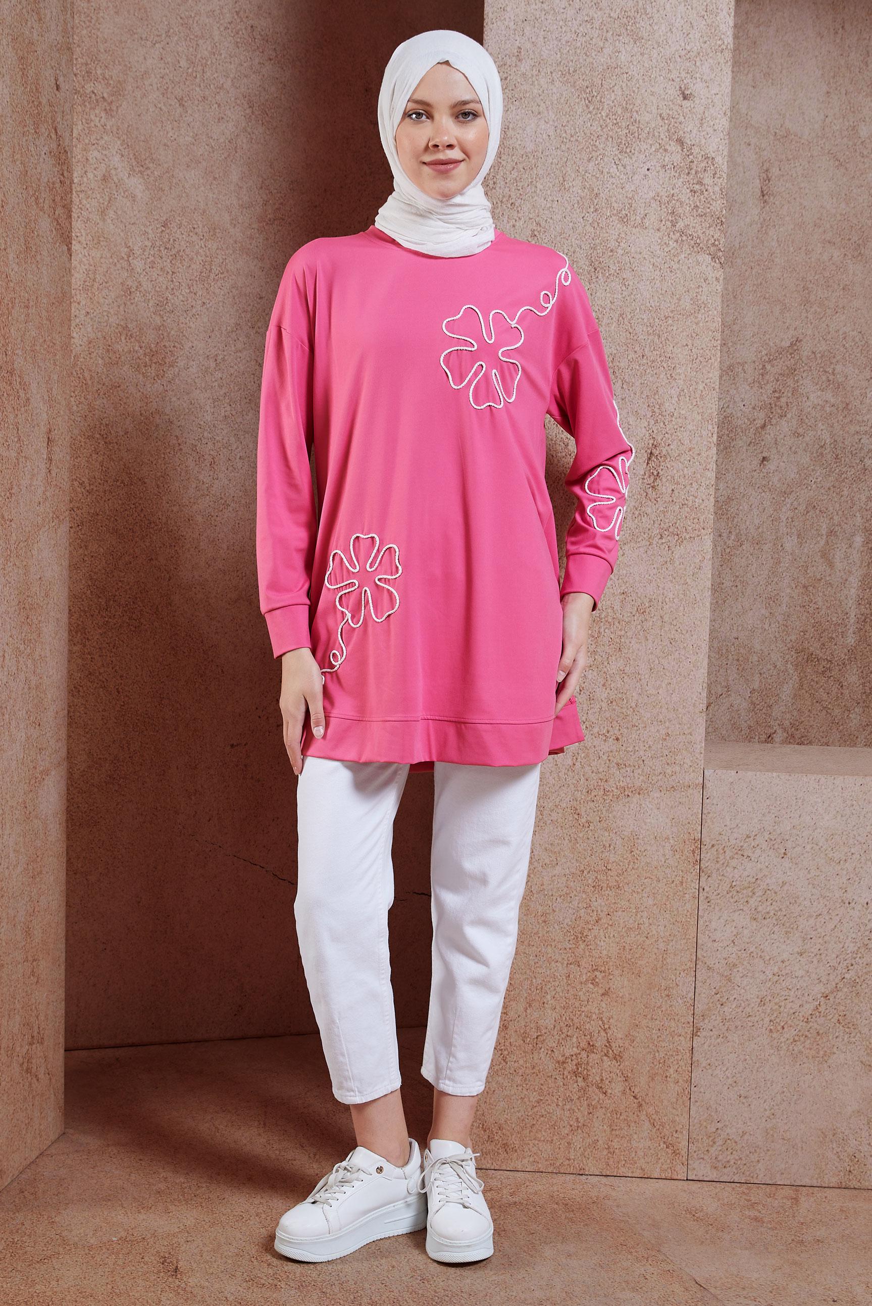 Tesettür giyim FUŞYA NAKIŞ DETAYLI EŞOFMAN TUNİK 44624