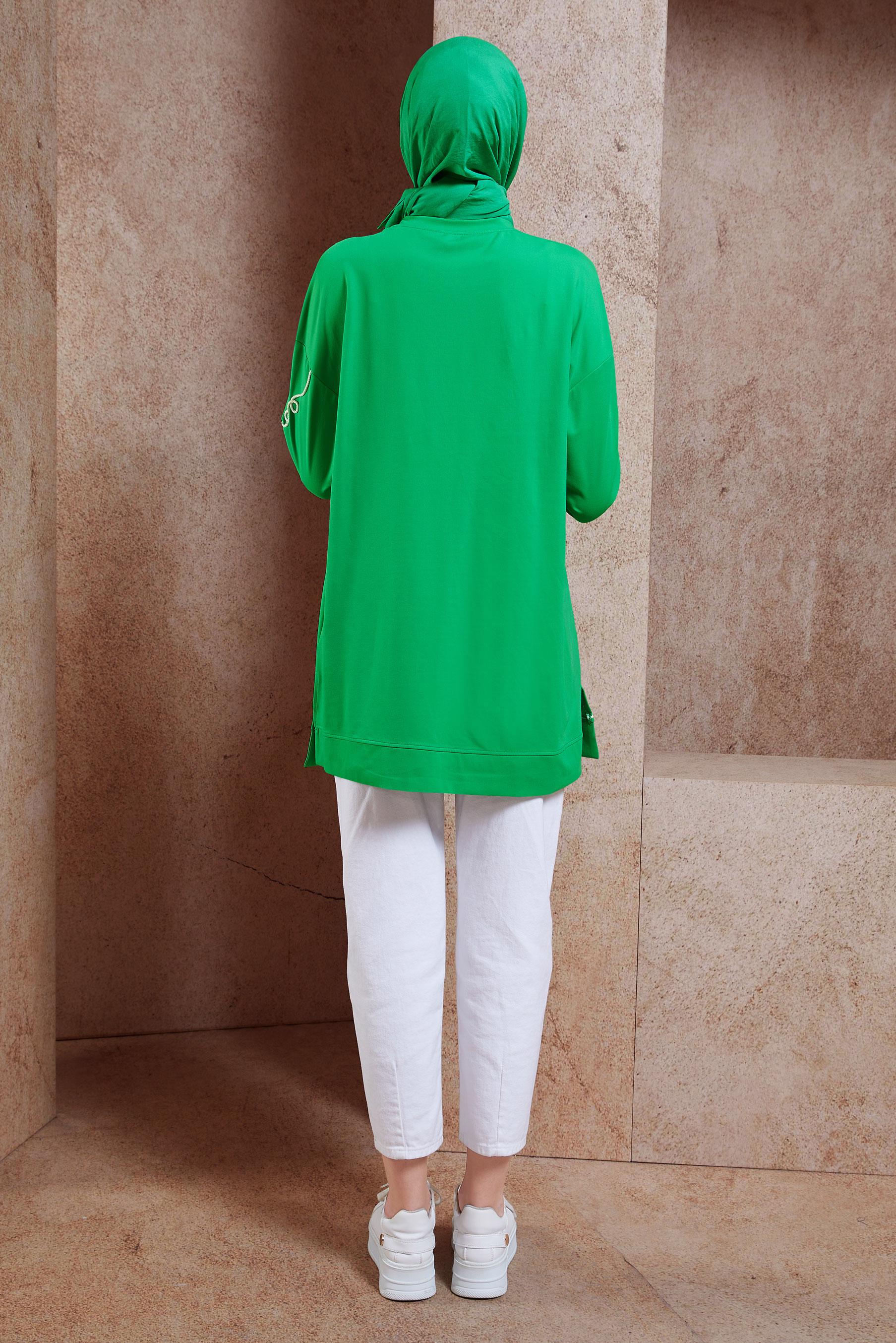 Tesettür giyim YEŞİL NAKIŞ DETAYLI EŞOFMAN TUNİK 44624