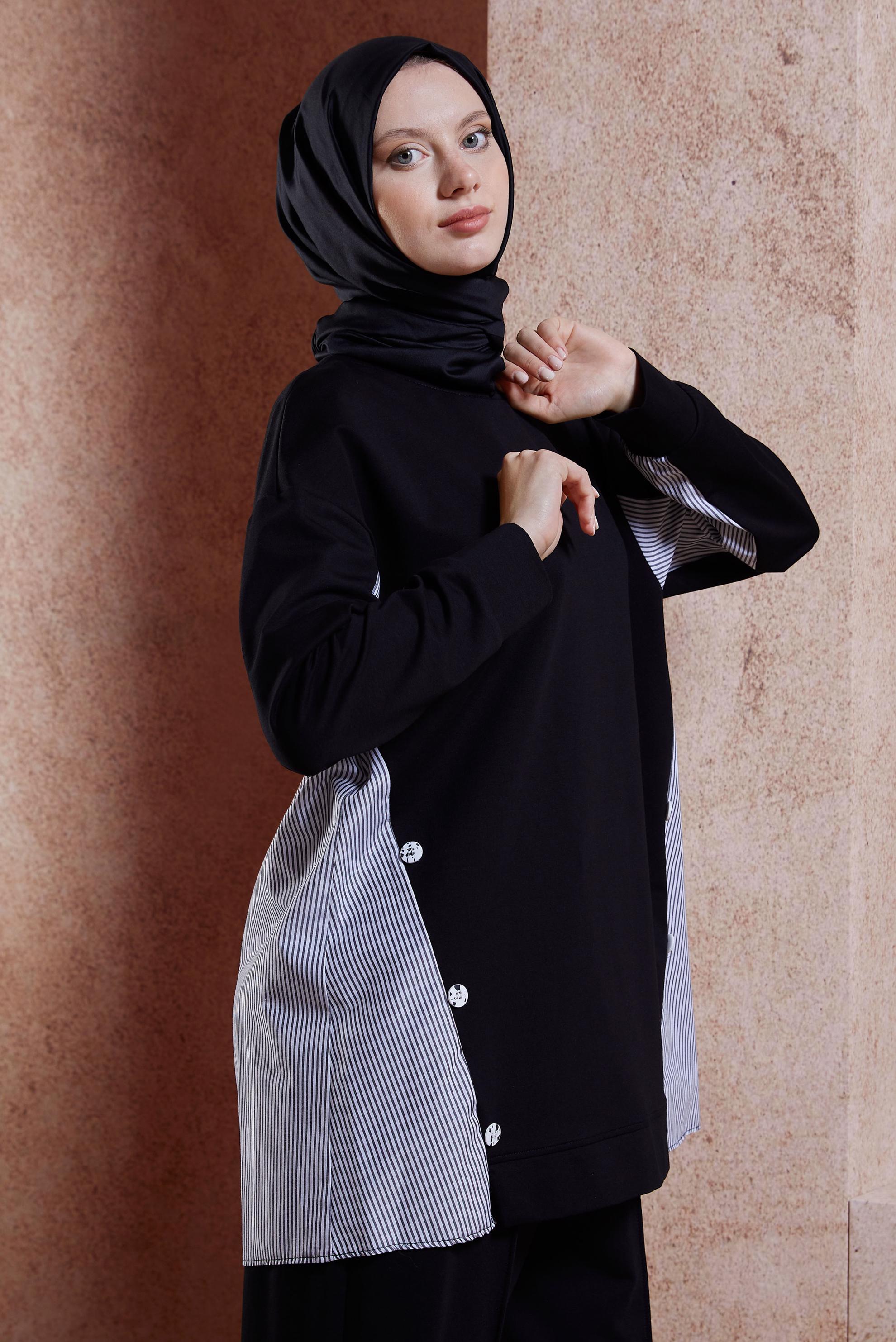 Tesettür giyim SİYAH ÇİZGİLİ PANTOLONLU EŞOFMAN TAKIM 44637