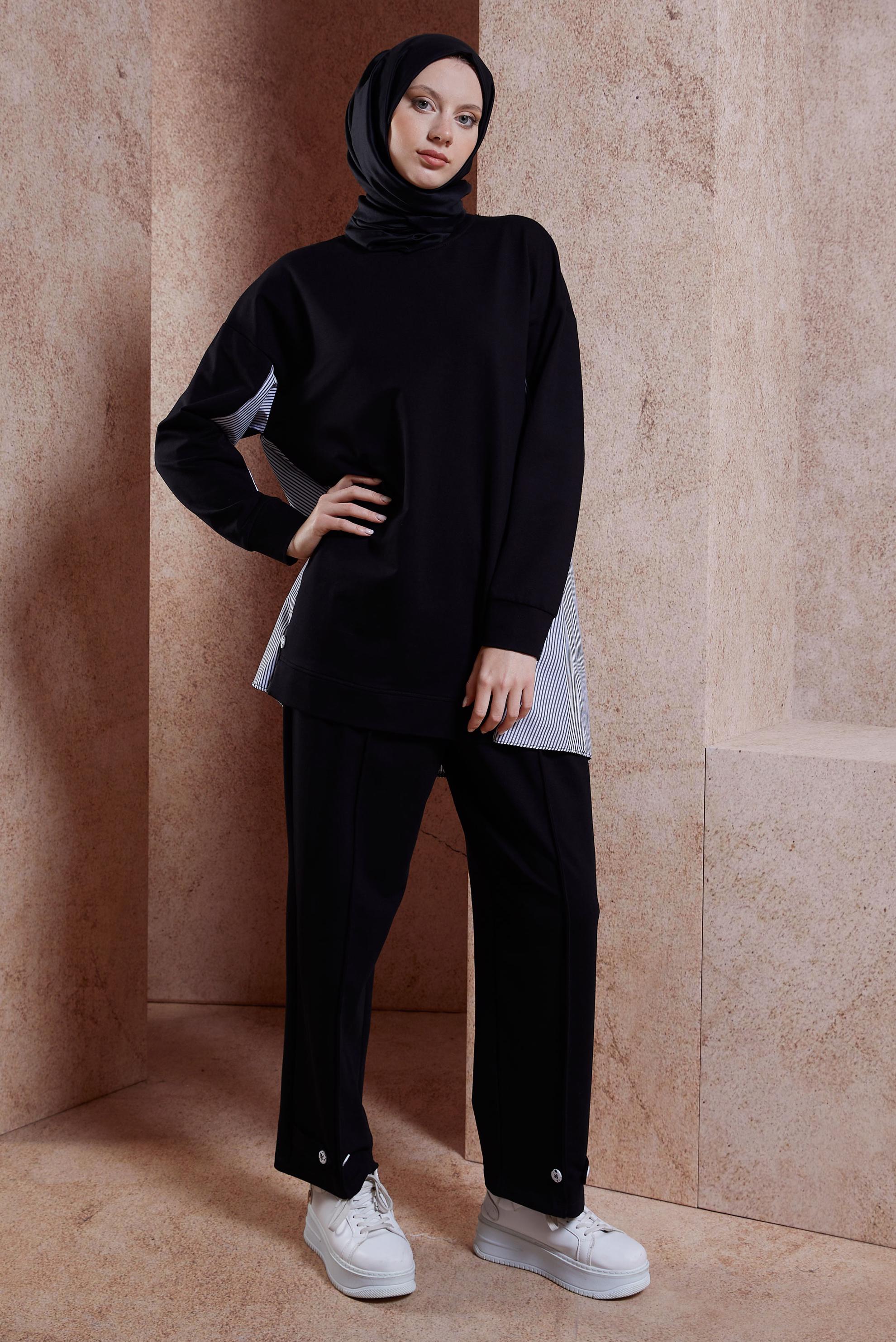 Tesettür giyim SİYAH ÇİZGİLİ PANTOLONLU EŞOFMAN TAKIM 44637