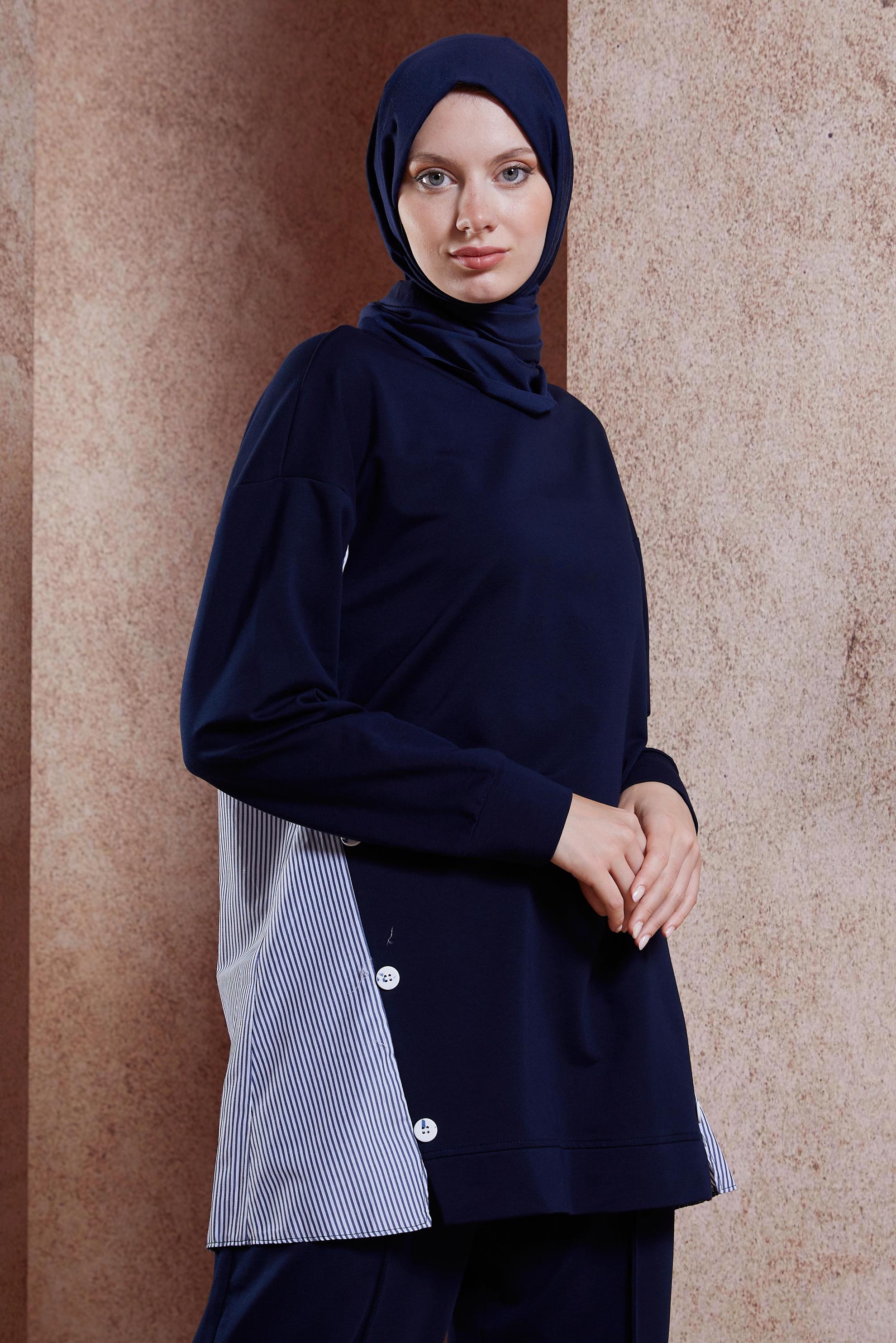 Tesettür giyim LACİVERT ÇİZGİLİ PANTOLONLU EŞOFMAN TAKIM 44637