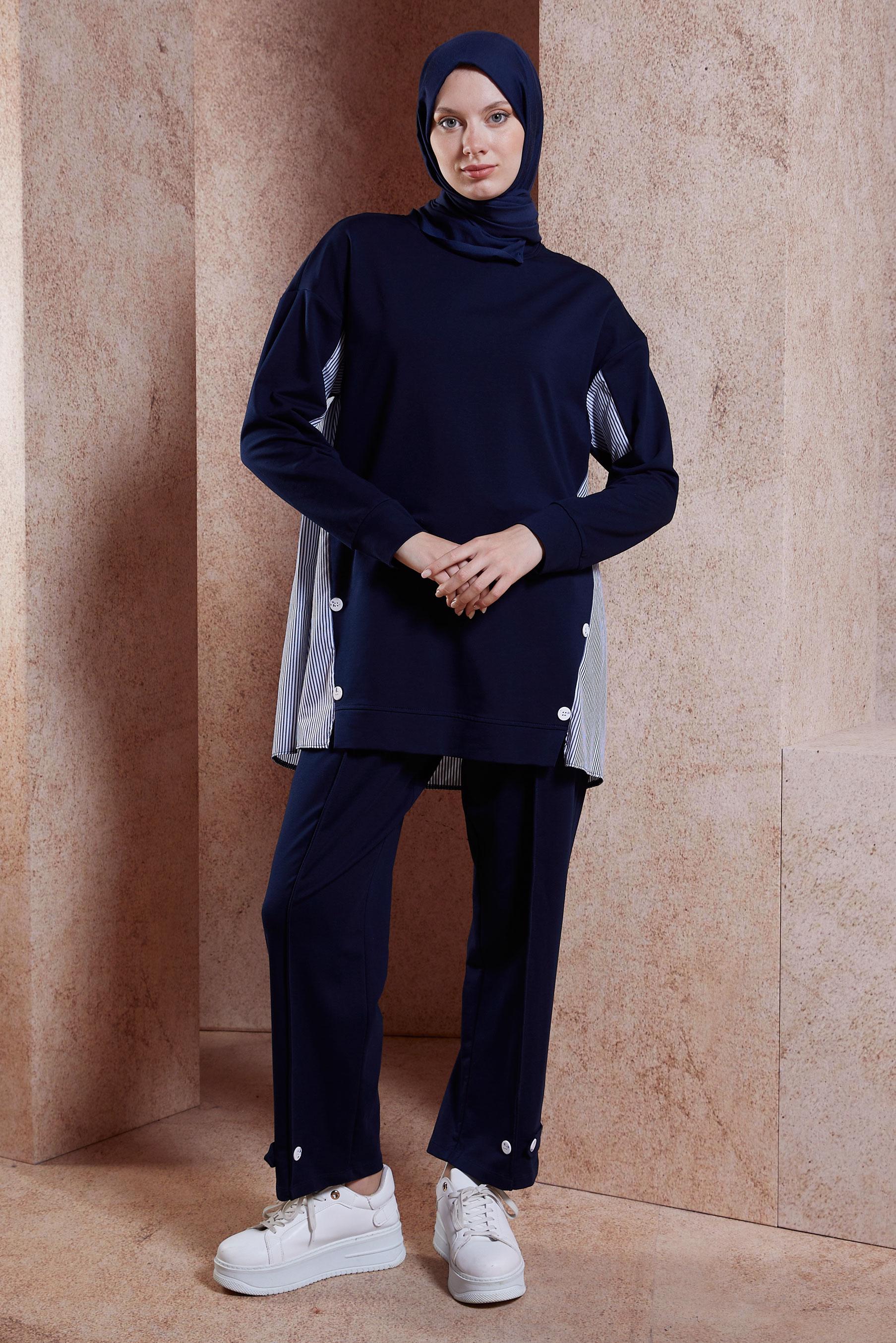 Tesettür giyim LACİVERT ÇİZGİLİ PANTOLONLU EŞOFMAN TAKIM 44637
