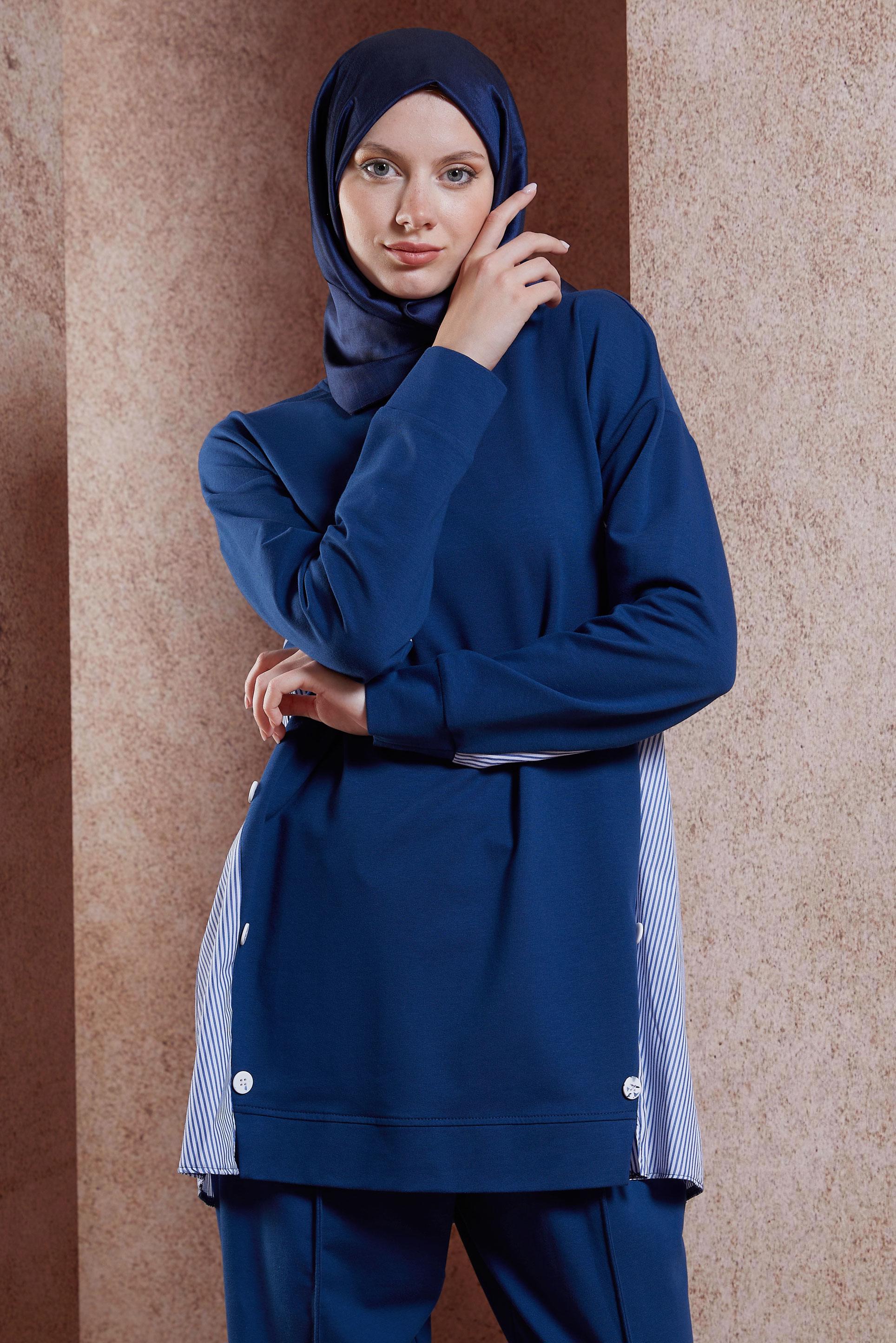 Tesettür giyim LACİVERT ÇİZGİLİ PANTOLONLU EŞOFMAN TAKIM 44637