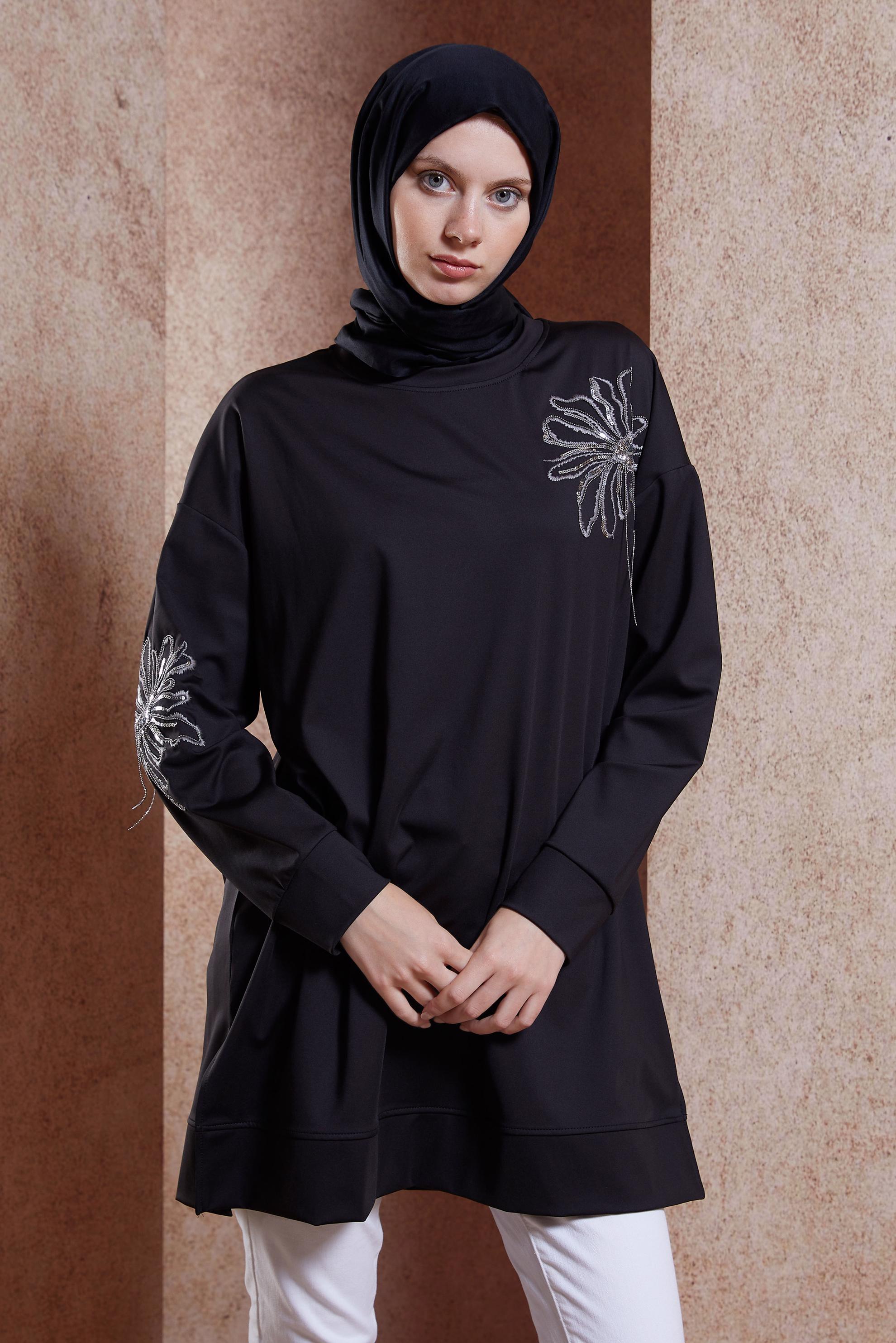 Tesettür giyim SİYAH ZİNCİR DETAYLI EŞOFMAN TUNİK 44638