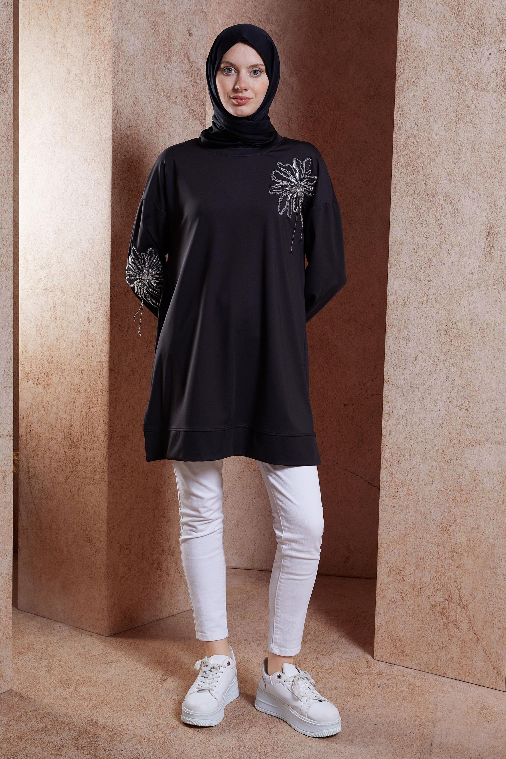 Tesettür giyim SİYAH ZİNCİR DETAYLI EŞOFMAN TUNİK 44638