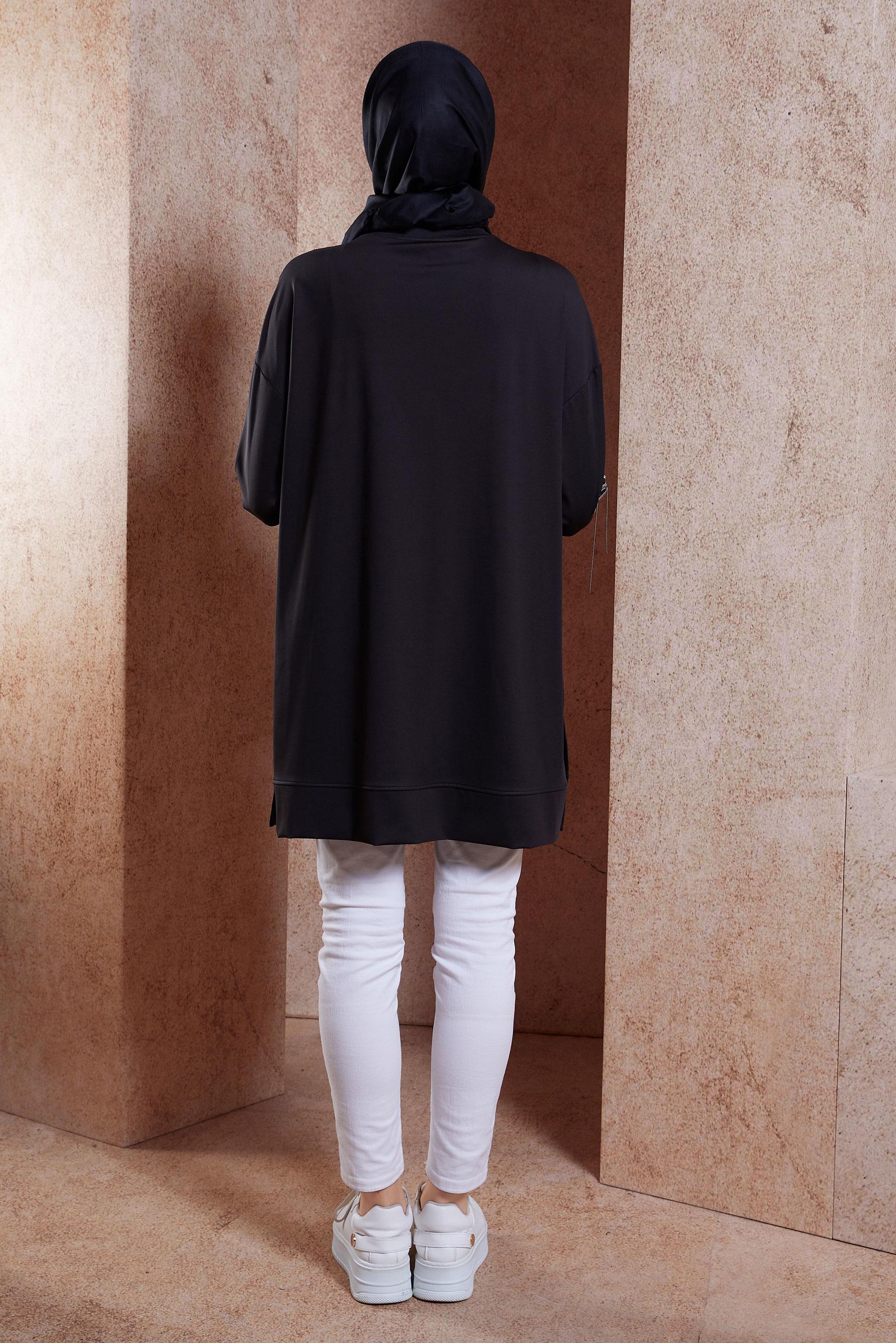 Tesettür giyim SİYAH ZİNCİR DETAYLI EŞOFMAN TUNİK 44638