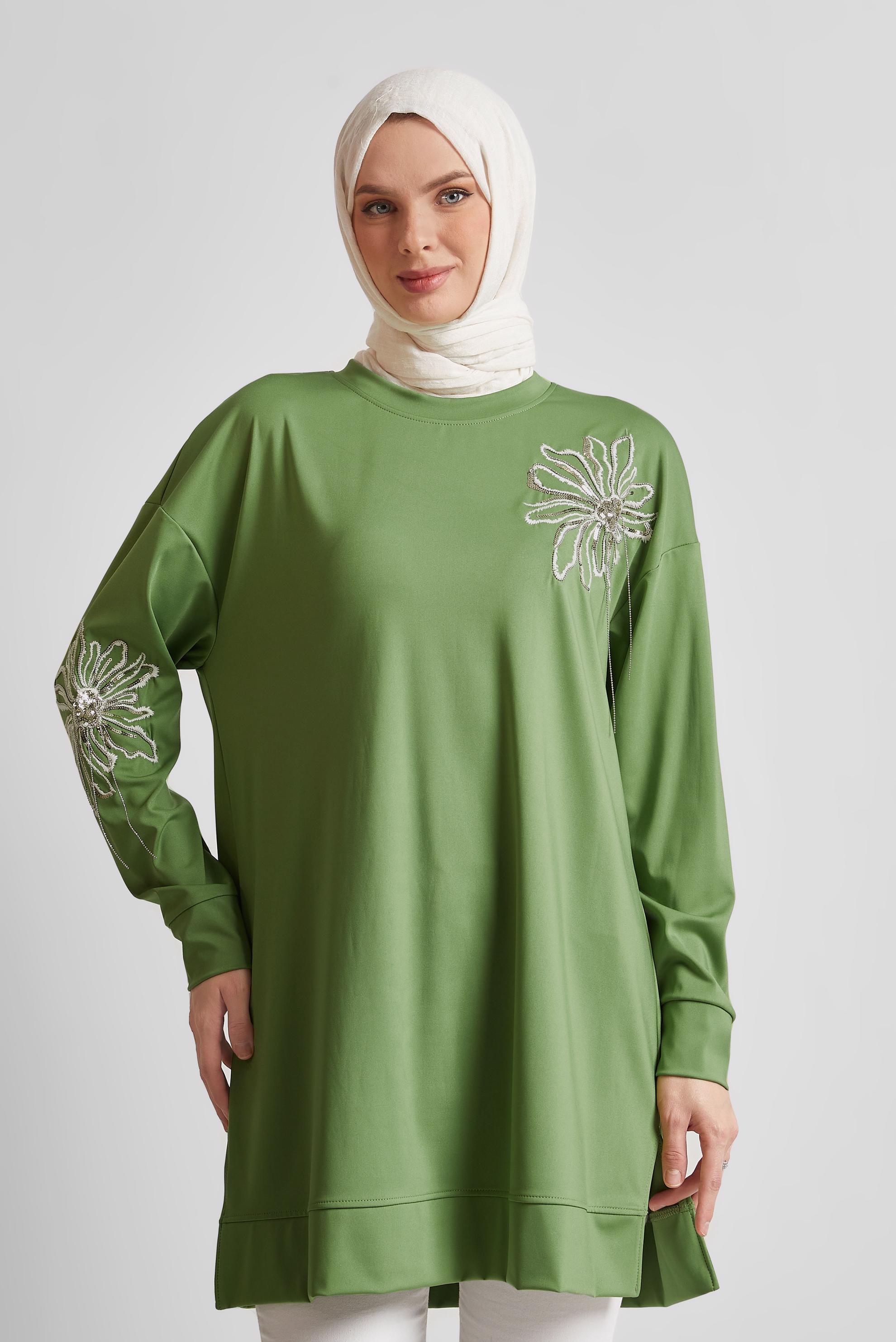 Tesettür giyim YEŞİL ZİNCİR DETAYLI EŞOFMAN TUNİK 44638